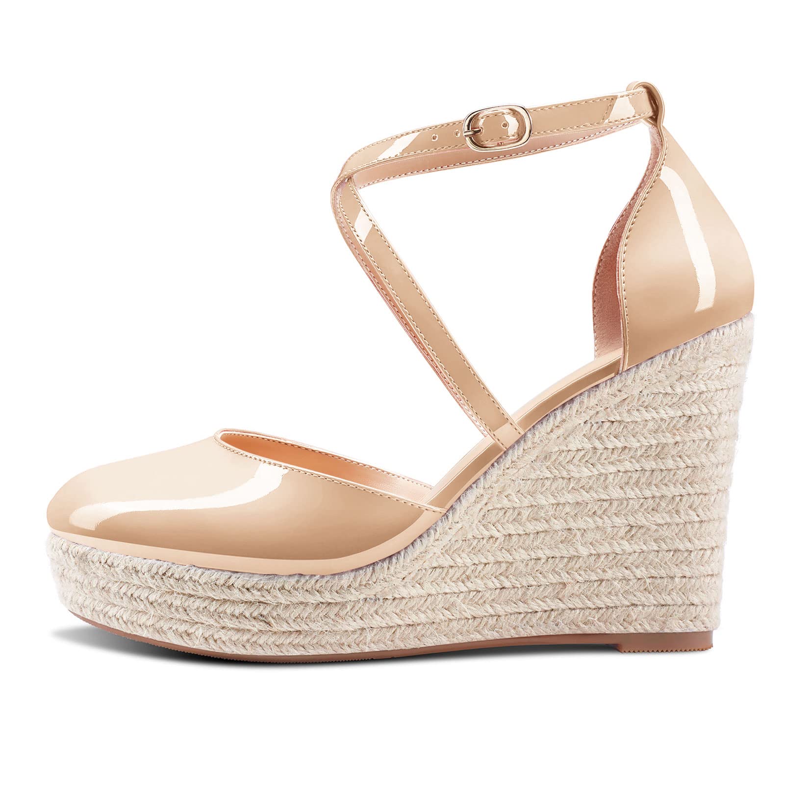 Aachcol Mujer cuña Esparto Plataforma Pumps Redonda Punta Correa Tobillo Chunky Ancho Alto High Heel Dress Zapatos Pumps de Boda Charol 10 CM