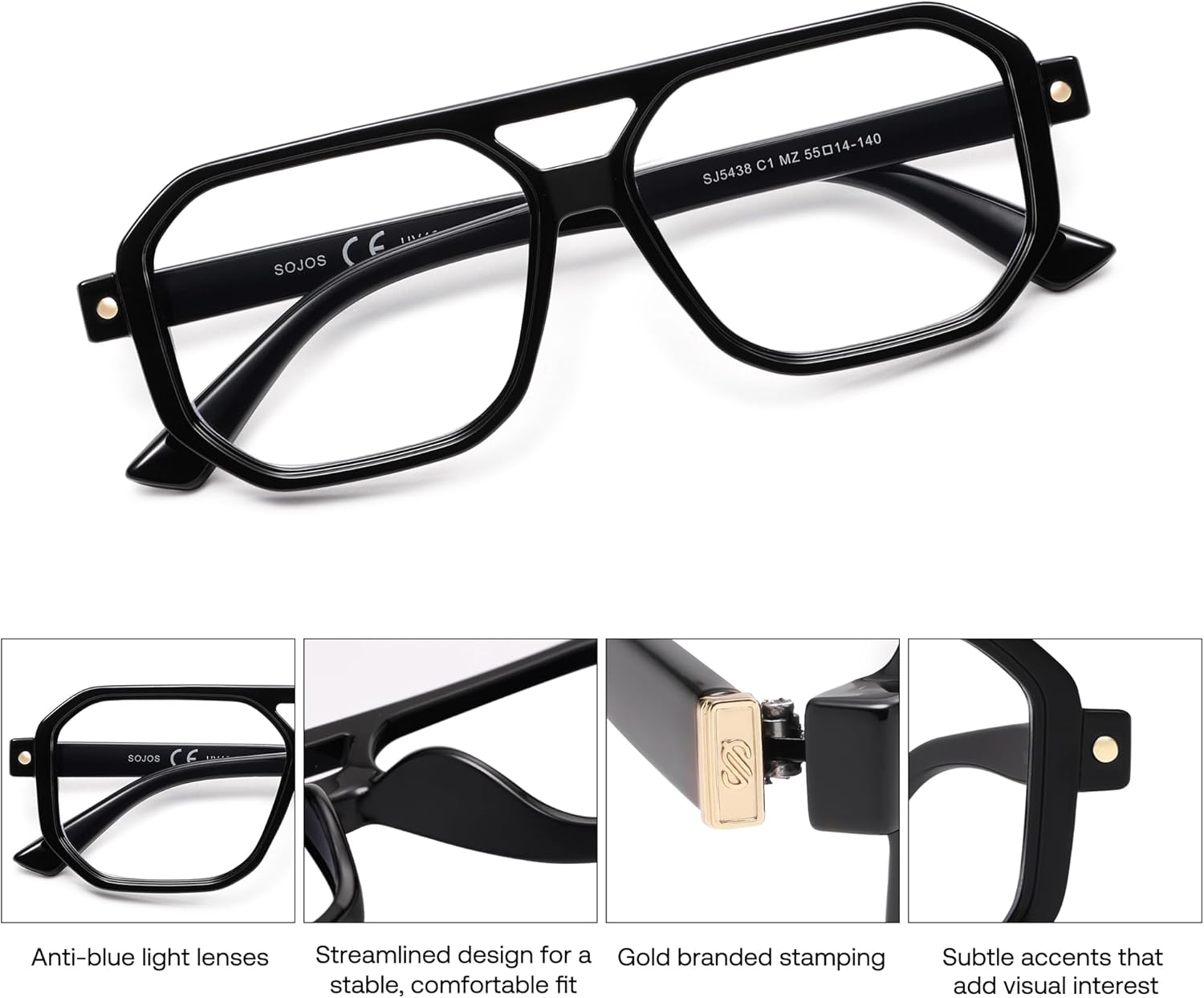 SOJOS Retro Aviator Square Blue Light Blocking Glasses for Women Men,Trendy Computer Frame Eyewear SJ5438 - Image 6