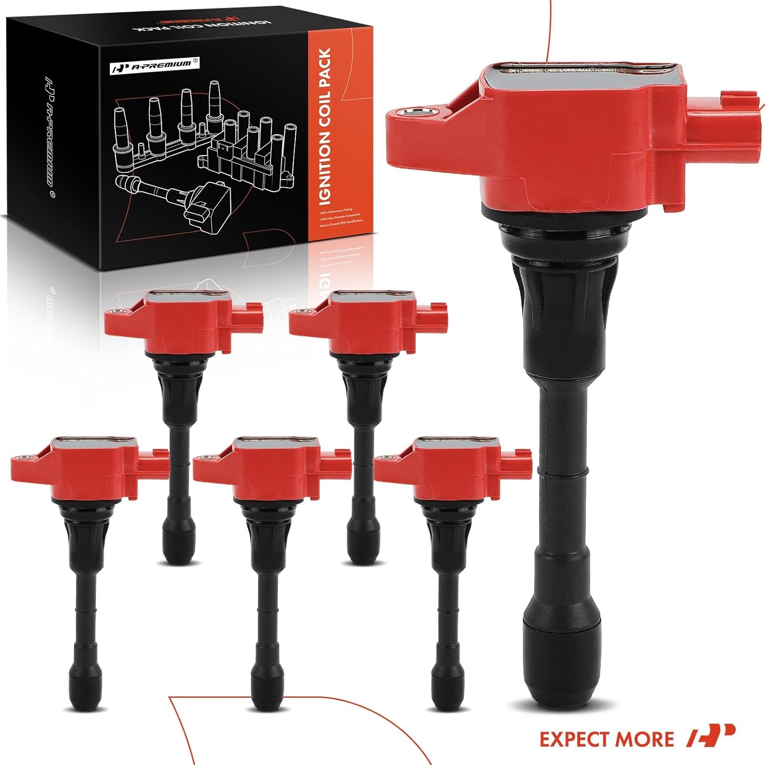A-Premium (Red) Engine Ignition Coil Pack Compatible with Nissan Altima 2007-2018, Murano 2009-2023, Pathfinder, Maxima, Quest & Infiniti QX60, Q50, G25, G35, M35h, Q70, JX35, FX35, EX35, 6-PC Set