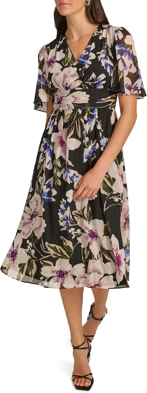 Calvin Klein Womens Short Flutter Sleeve V-Neck A-line Midi Dress