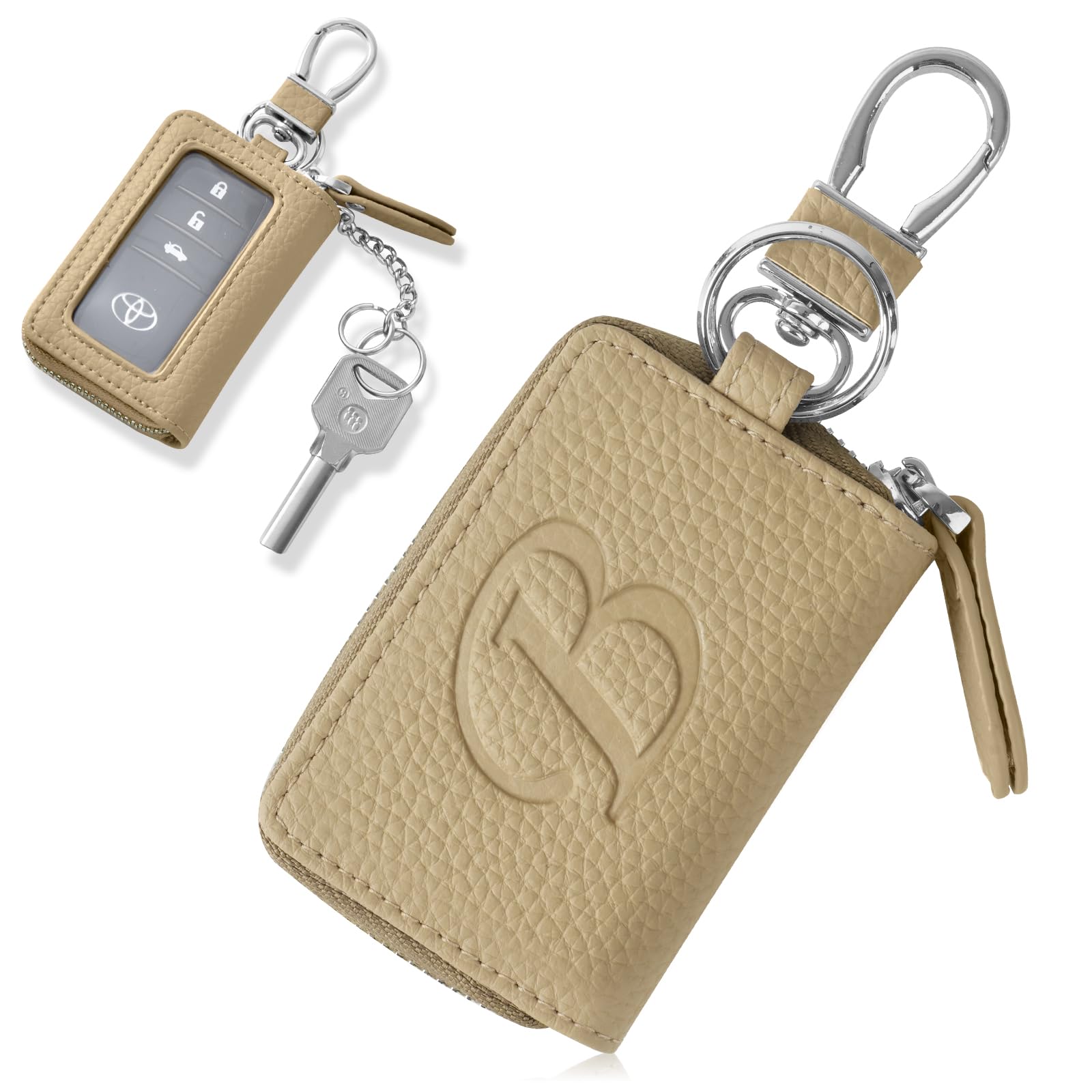 VEISEN Smart Key Case Faux Leather Initial Embossed Clear Window Apricot