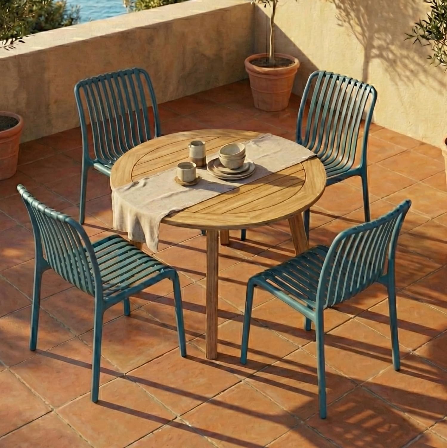 2 x Outdoor Stackable Dining Chair, All-Weather Plastic Patio Chair, Pool Side Chair, Modern Slatted Design for Balcony, Garden, Backyard, Indoor & Outdoor Use (Armless, Teal Blue)