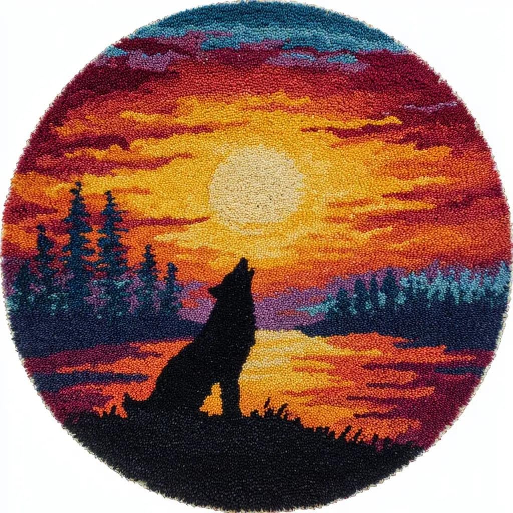 Round Latch Hook Rug Kits Wolf For Adults And Starter 50*50Cm