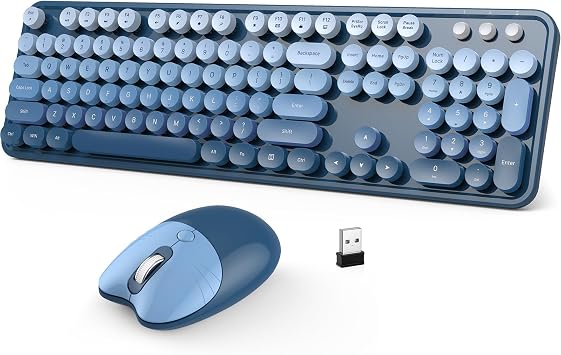 MOFII Retro Round Wireless Keyboard and Mouse Combo, Full Size 2.4G Lag-Free Plug & Play, Long Battery Life Optical Mouse, Compatible with Laptop Desktop PC- Blue Gradient