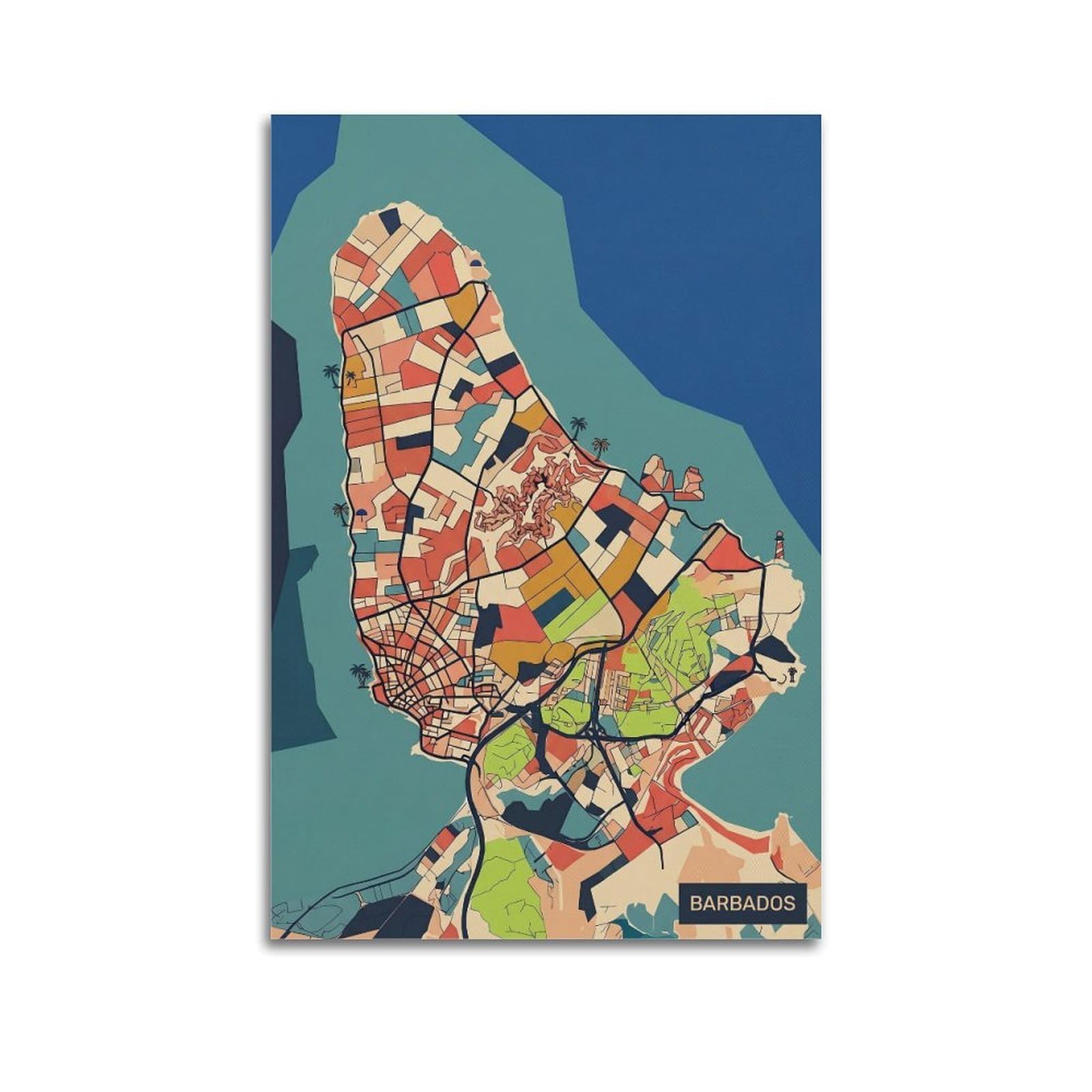 OKNGB Vintage Modern Abstract City Map Poster Barbados Island Travel Decorative Painting Canvas Art Picture 24x36inch(60x90cm)