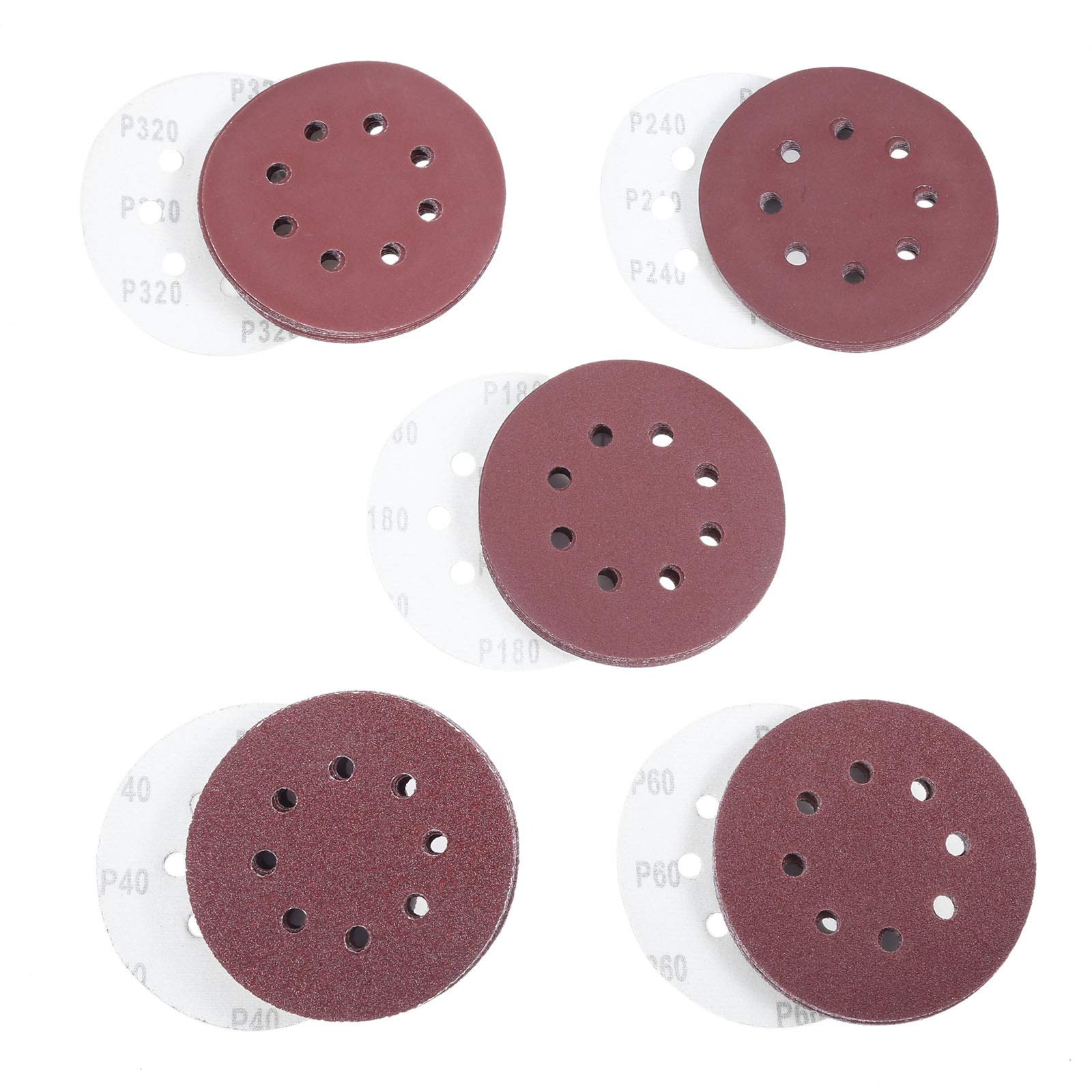 Papel de lija de lijadora 50pcs 5 pulgadas 125mm Ronda Discos de lijado pulido Hoja de papel de lija 8 Agujero de molienda for pulir 40-600 herramienta abrasiva Grit