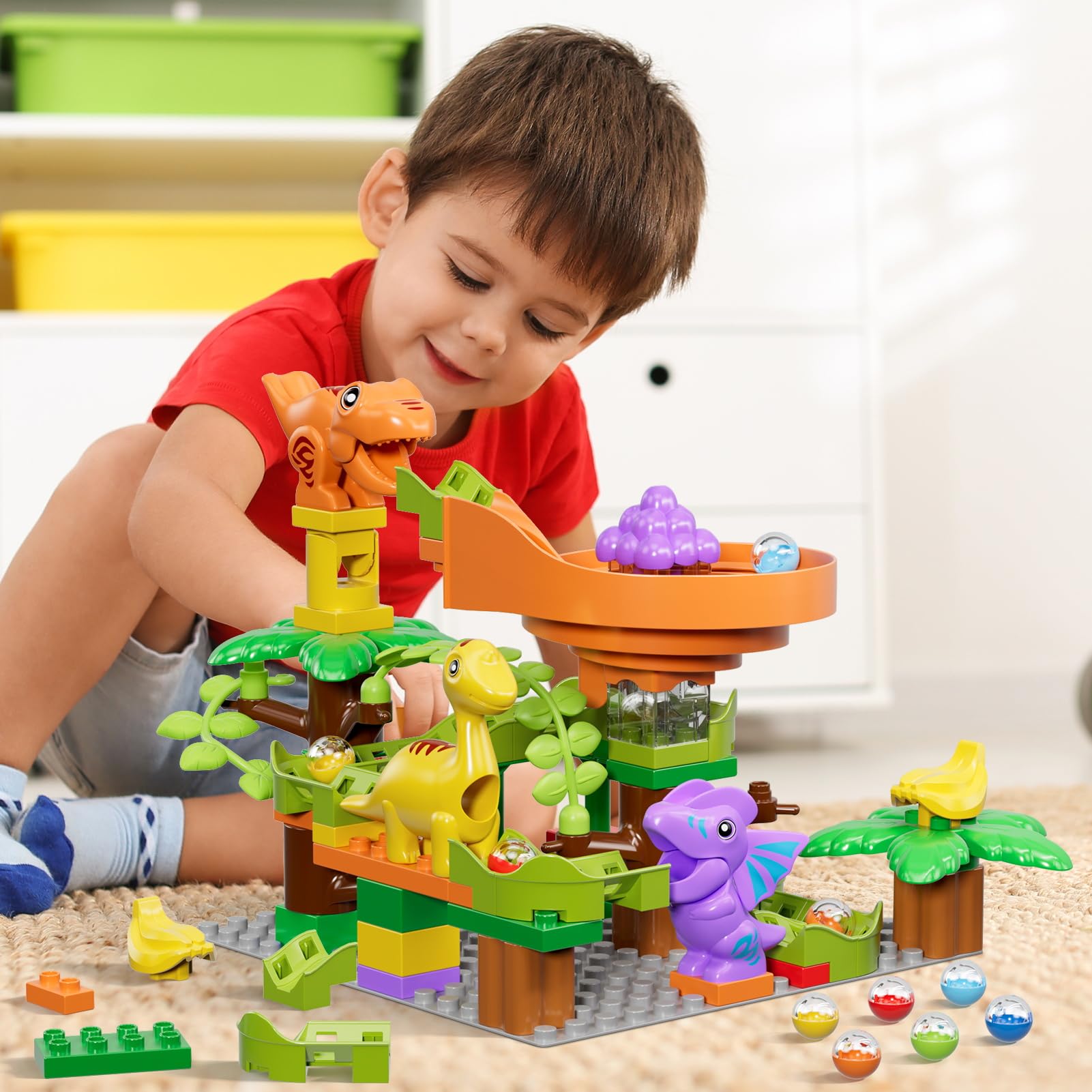 Murmelbahn Bausteine Dinosaurier Spielzeuge, Kinder STEM Spielzeug Dino Kugelbahn Set ab 3 4 5 6 Jahre Jungen Mädchen, 67 Pcs groß Blöcke Ball Race Lernspielzeug für Jungen Mädchen 3-7 Jahre