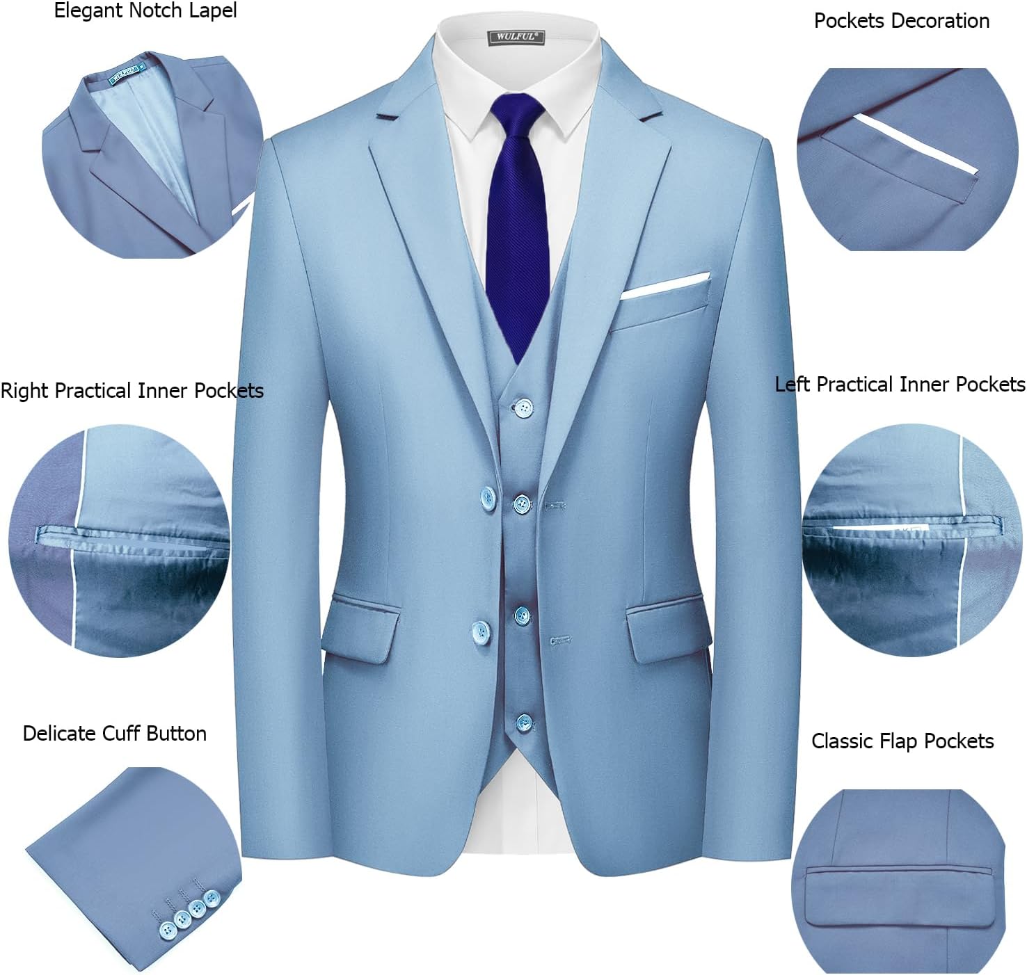 WULFUL Men's 3 Piece Slim Fit Suit Set Two Button Blazer Jacket Vest Pants... - Picture 24 of 95