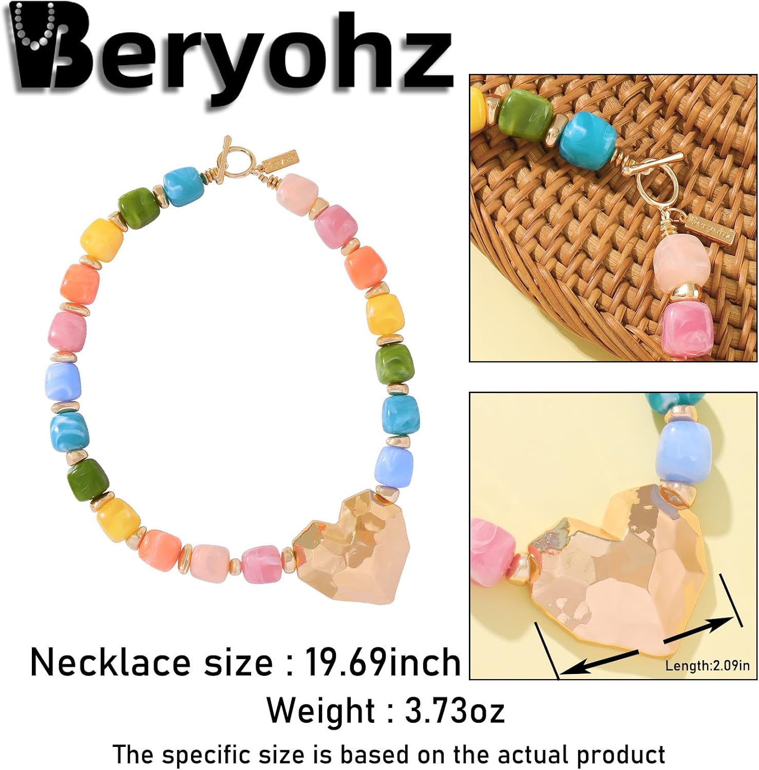 Chunky Heart Beaded Necklaces for Women Colorful Choker with Resin image 4