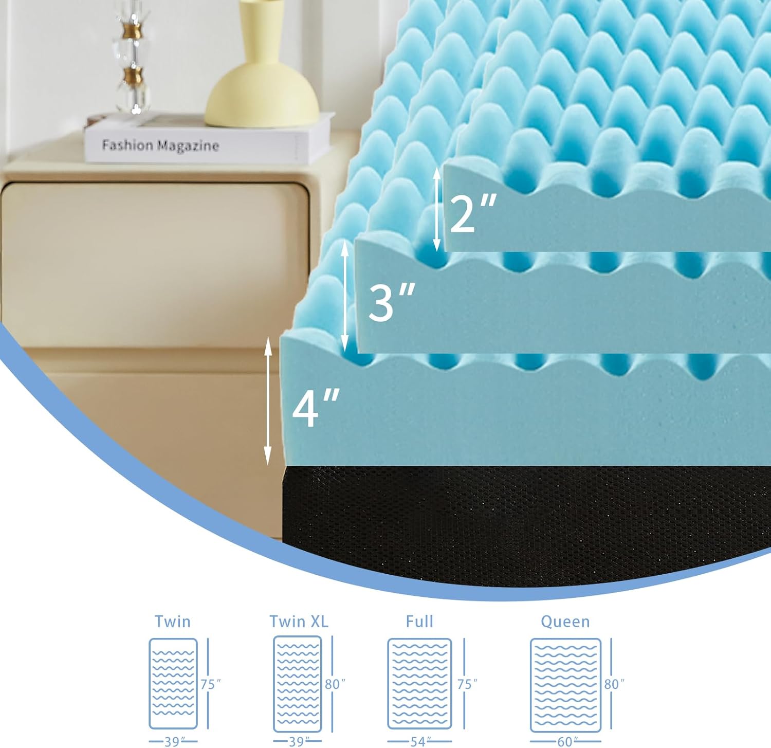Queen Mattress Topper 2 Inch, Gel Memory Foam Mattress Topper for Breathability and Pressure Relief, Soft Mattress Pads Skin Friendly, CertiPUR-US Certified, Blue