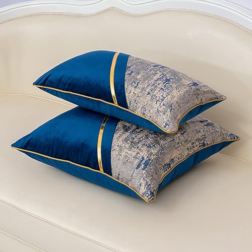 Miniatura 4 de Alerfa Funda de cojín de terciopelo y poliéster de 12 x 20 pulgadas, color azul marino, beige, dorado, de cuero, retazos, de terciopelo y poliéster,