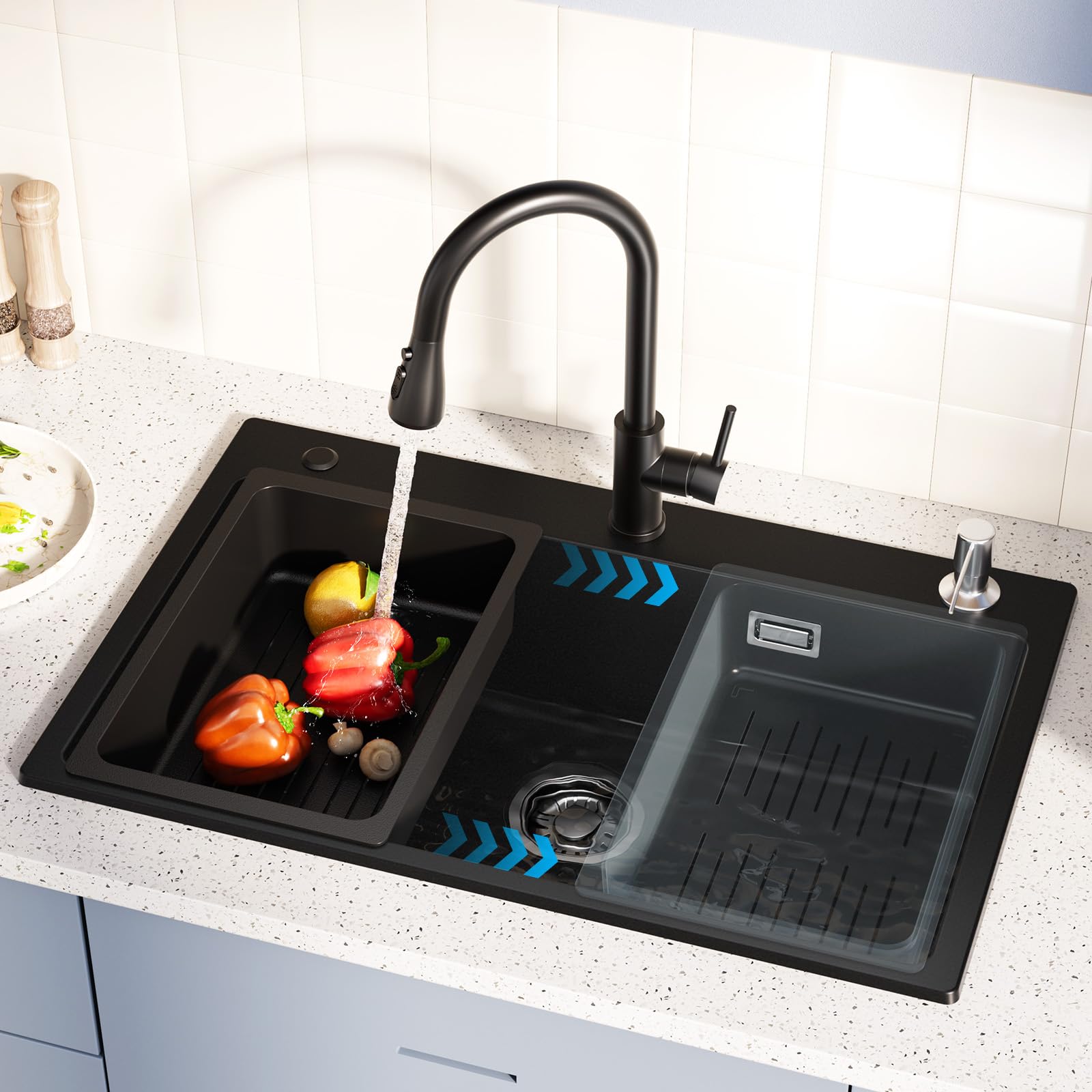 CECIPA Évier de cuisine noir 70 x 45 x 20 cm avec robinet extensible et distributeur de savon, évier en granit avec garniture d'écoulement et de trop-plein, 1 bac encastrable à partir de 80 cm de
