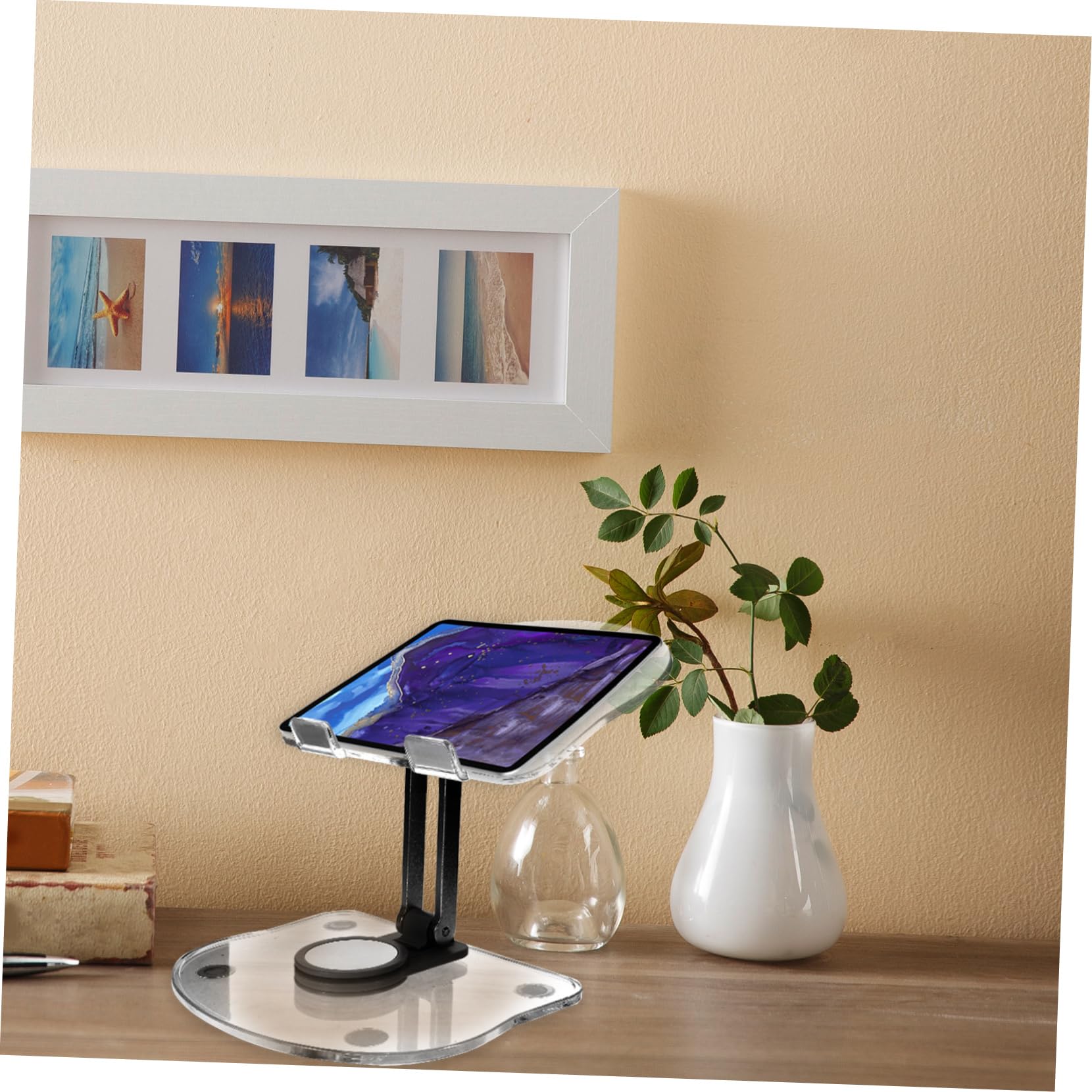 UKCOCO Soporte Giratorio para Tablet de Acrílico Negro Plegable y Práctico para Escritorio, Base Ajustable Adecuado para Tabletas y Dispositivos Hogar