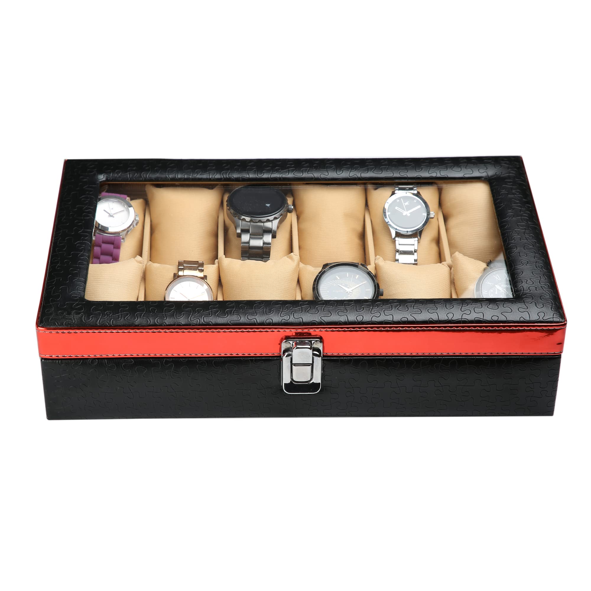 ZENWOOD Unisex 12 Slots Watch Box Organizer PU Leather Watches Display Case Storage Boxes with Crystal Glass Lid - Outside Color - Black & Red/Inside Color- Beige Velvet (B0B4PT9238) Amazon Price History, Amazon Price Tracker
