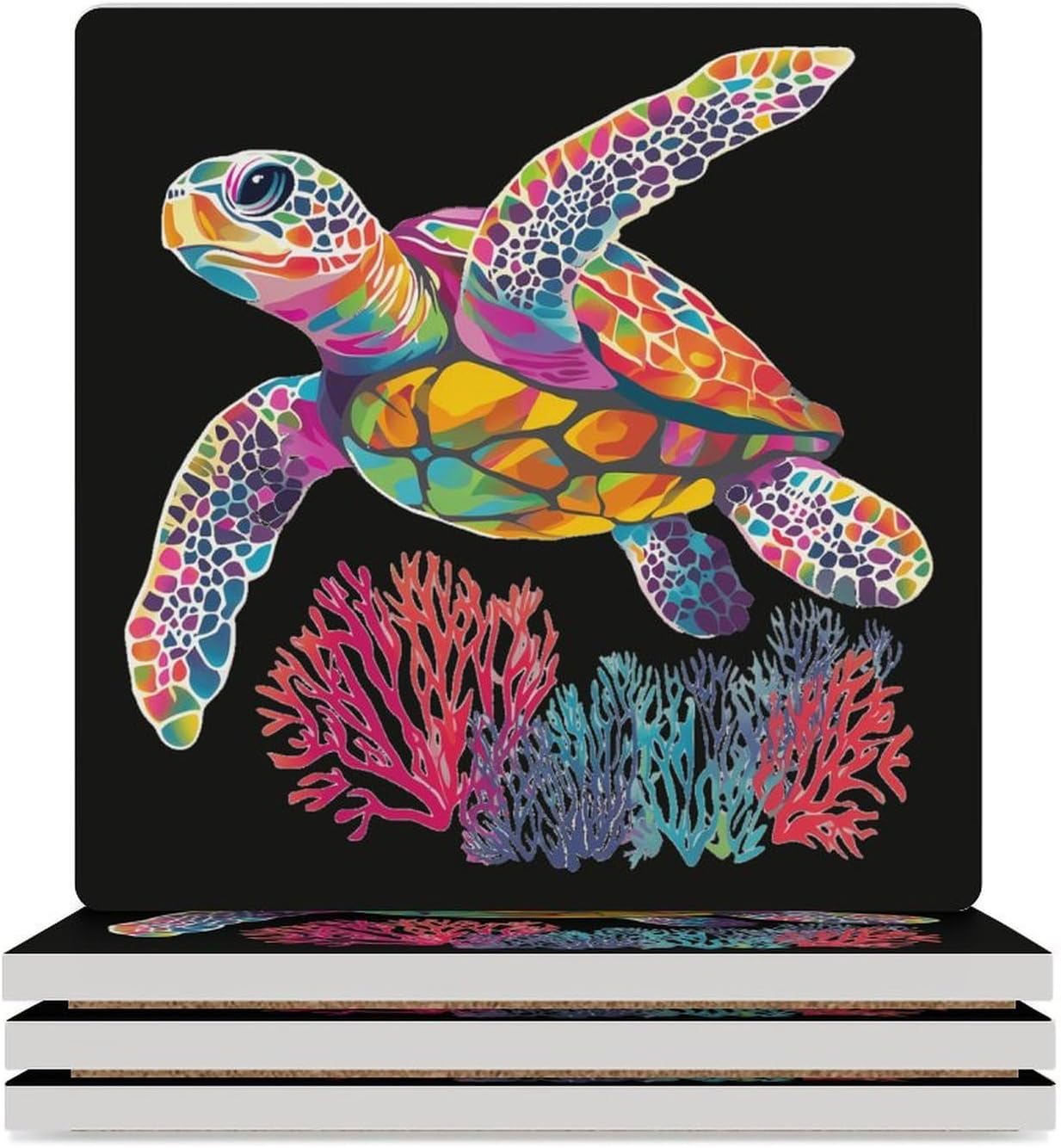 Sea Turtle and Coral Ceramic Coasters Square Drinks Coaster Coffee Table Decor Table Coaster for Home Bar