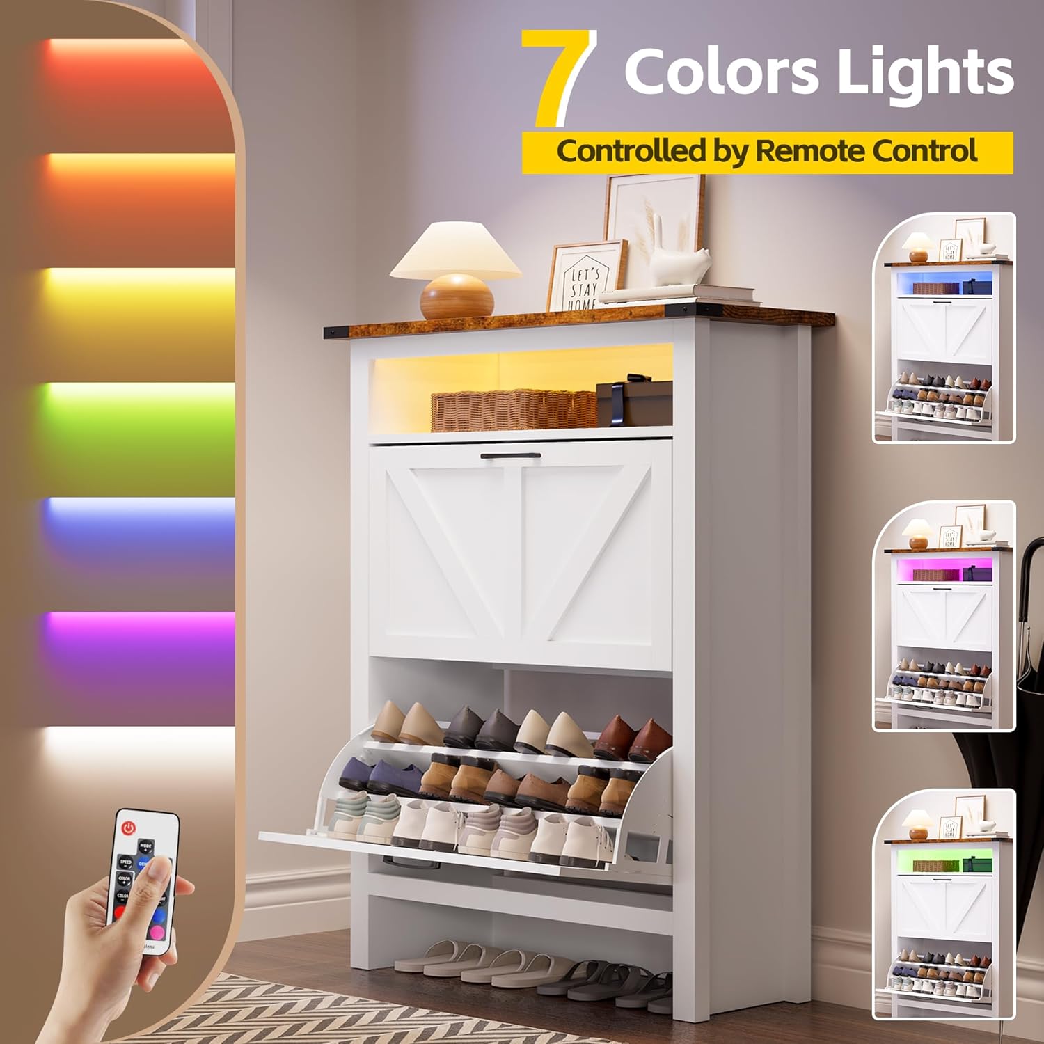 MU Shoe Cabinet with LED lights displaying various colors