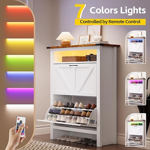 Miniatura 3 de MU Zapatero con 2 cajones abatibles y espacio de almacenamiento abierto, armario de almacenamiento de zapatos de entrada con luz LED, organizador de