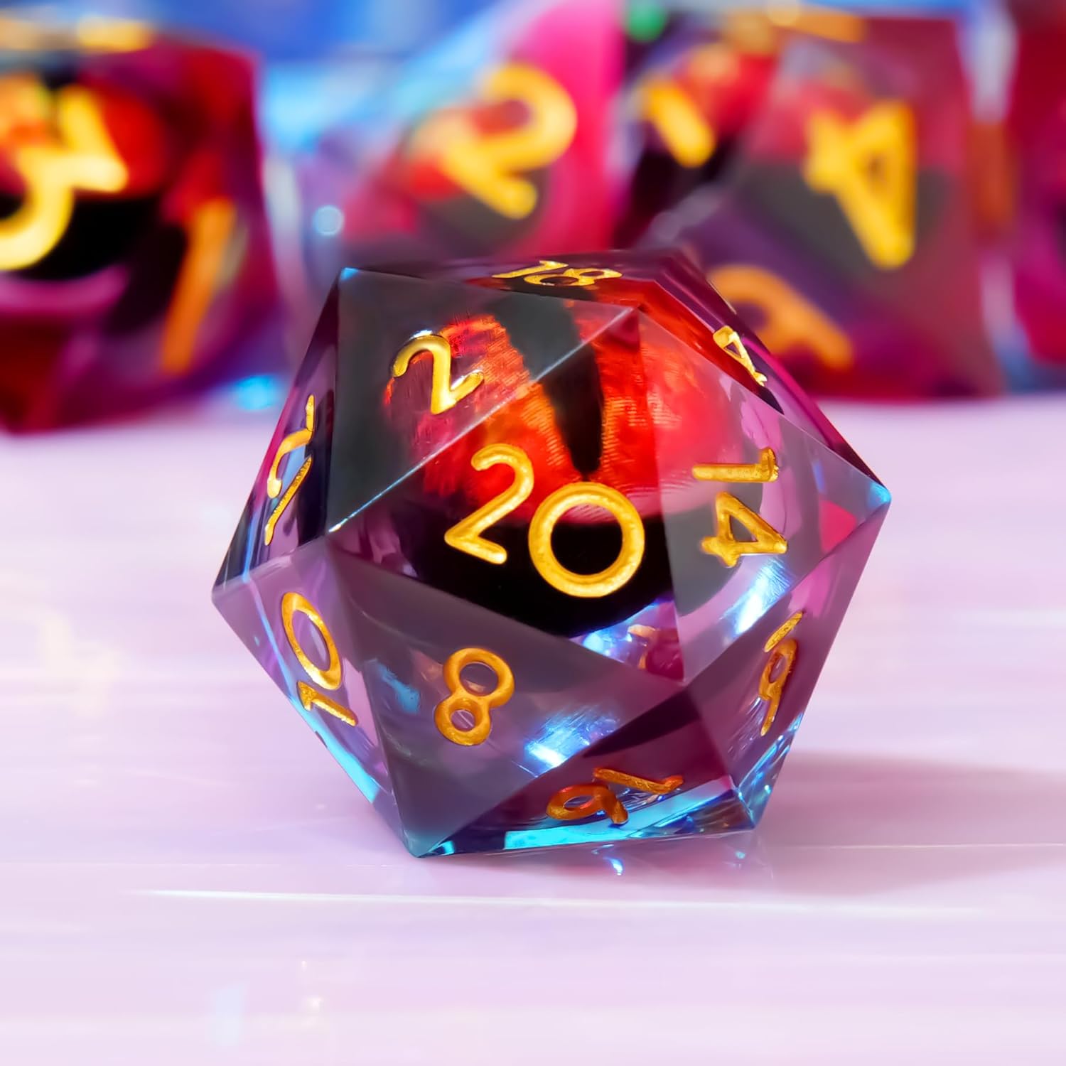 YEMEKO Beholder'S Eye DND Dice- Dragon Eye Liquid Core Sharp Edge Handmade Dice Set for Dungeons and Dragons Ttrpg, Multi-Sided RPG Polyhedral Resin Roleplaying(Blue Red