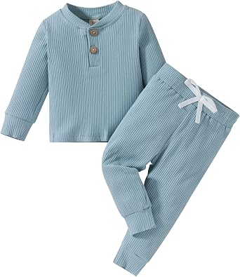 Unisex Newborn Baby Boy Girl Clothes Ribbed Long Sleeve Pullover T-Shirts Tees Tops Pants Outfits Toddler Clothes
