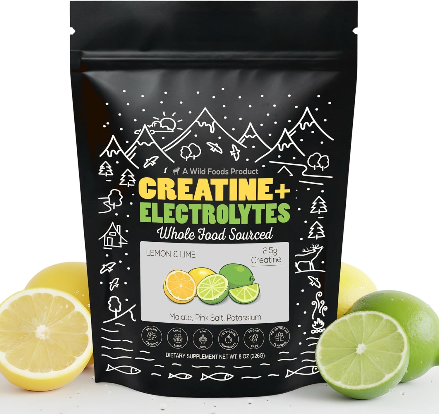 Wild Foods Creatine + Electrolytes Powder, Lemon & Lime (8 oz, 30 Servings) - 2.5g Creatine + Magnesium Malate, Pink Salt, Potassium - Whole-Food Sourced Hydration & Support - No Added Sugar