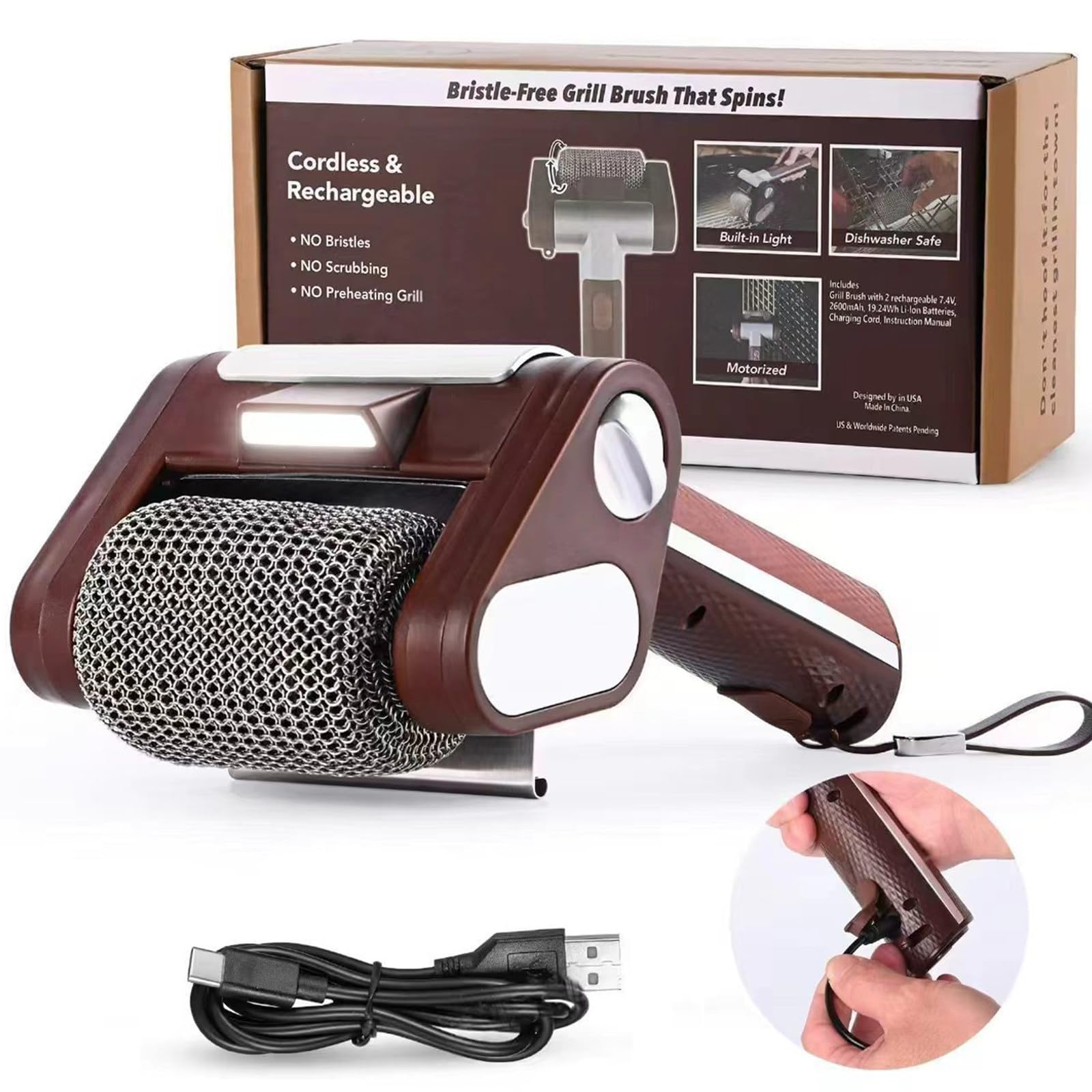 Spazzola Elettrica Senza Fili per Griglie, Pulitore Ricaricabile per Barbecue con Rullo Rimovibile in Acciaio Inox E Luce LED, 350 RPM, Adatta per Griglie da Interno Ed Esterno Brown