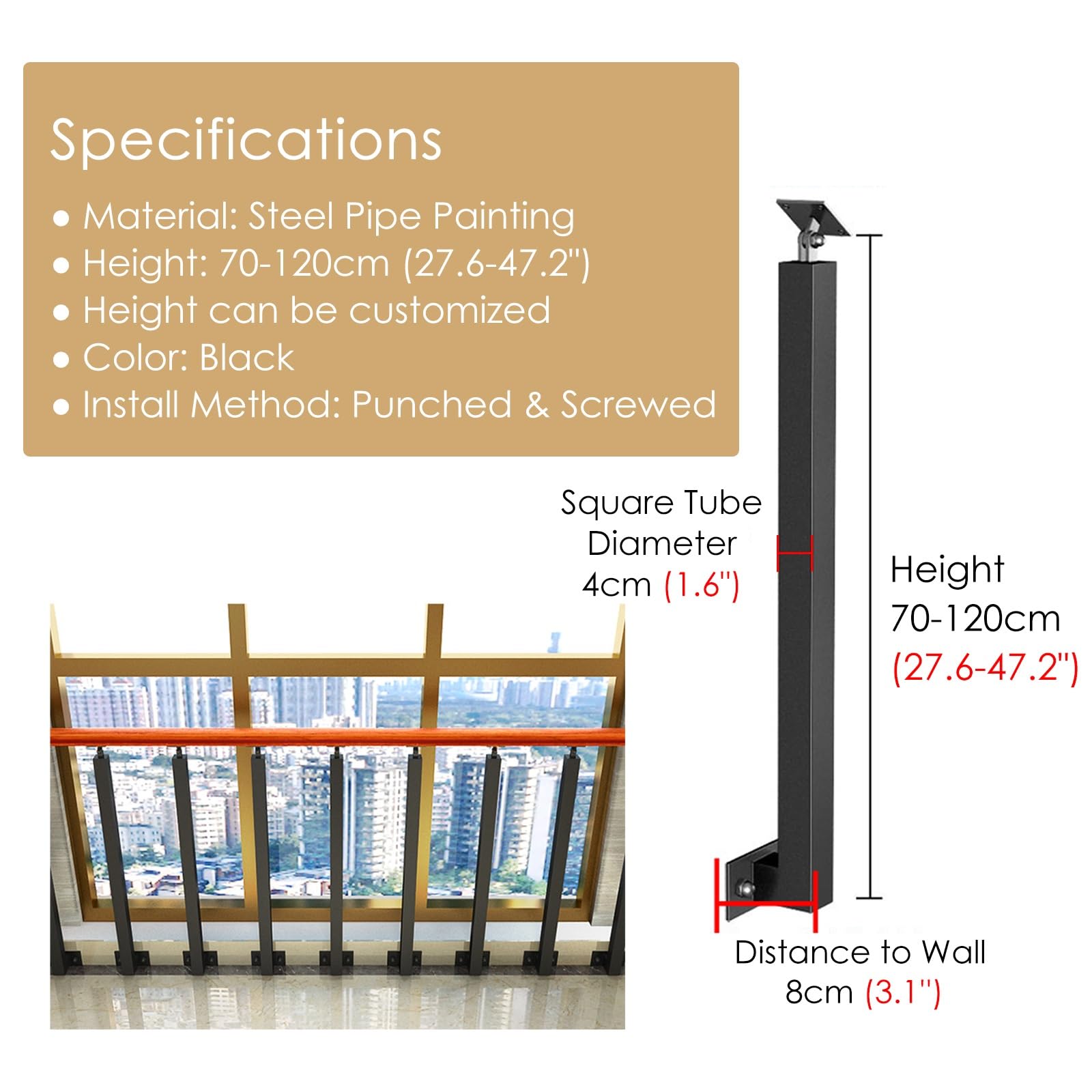 Adjuble Loft Balustrada słupkowa stalowa balustrada na taras, balkon, ogród, biuro, wysokość 120 cm, idealna dla bezpieczeństwa i spokoju