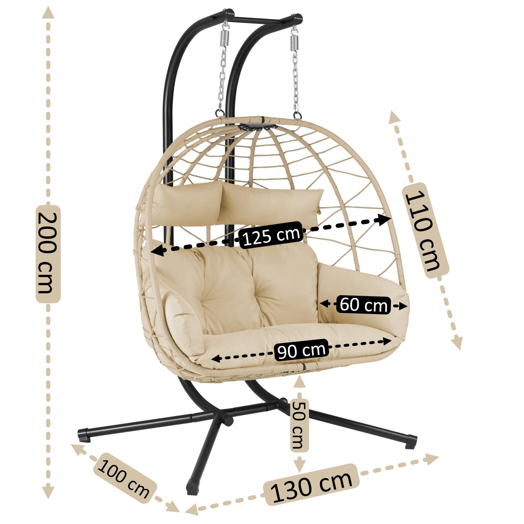 Hängesessel für 2 Personen mit Gestell | Creme | XXL Hängeschaukel für Indoor und Outdoor | Inkl. Kissen und Auflagepolster | Hängesessel Outdoor, Gartenschaukel, Schaukelstuhl