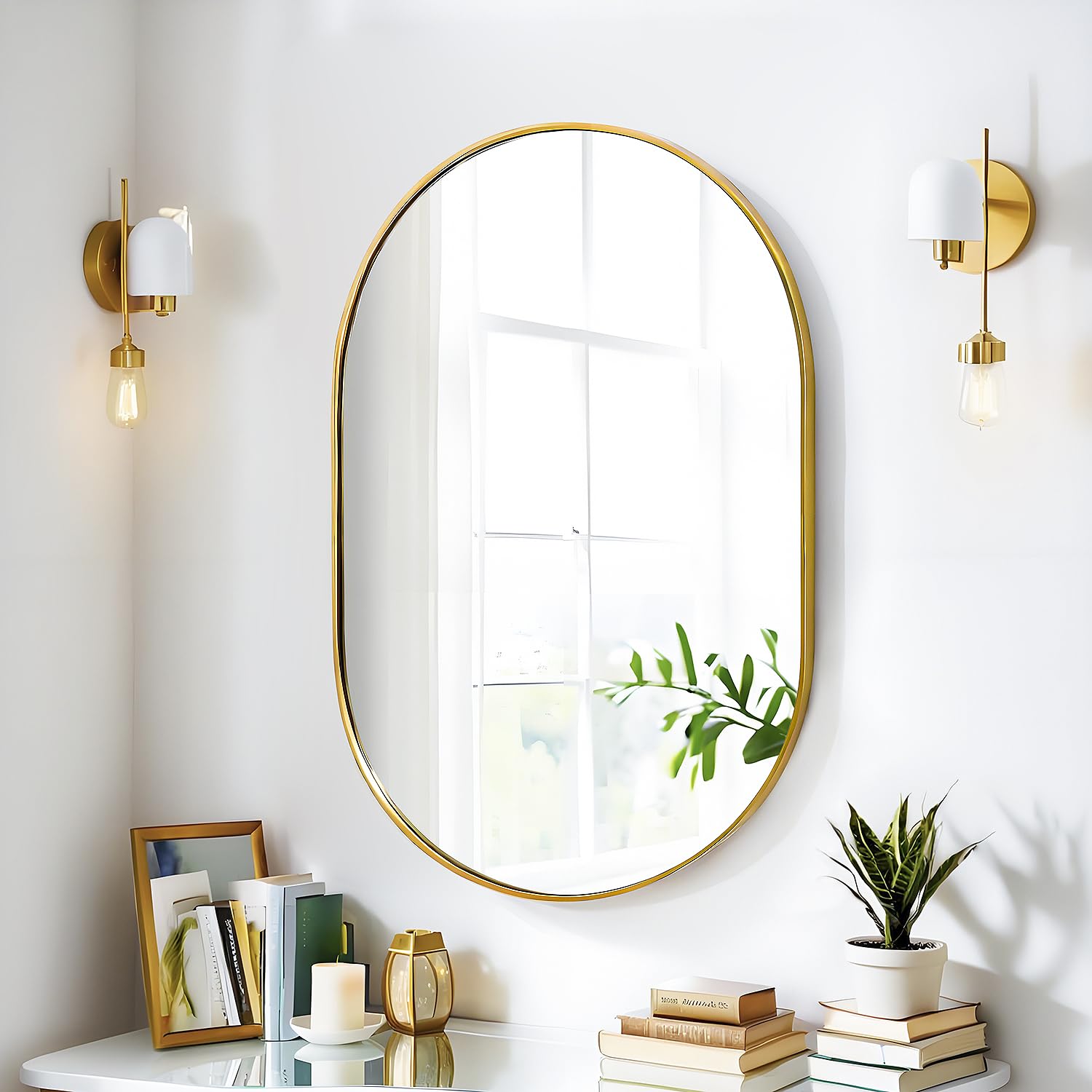 30x20 Mirror Runway Oval Wall Mounted Aluminum Alloy Metal Frame Rectangle Mirrors for Entryway Bedroom Bathroom Living Room 30 20 inch Gold