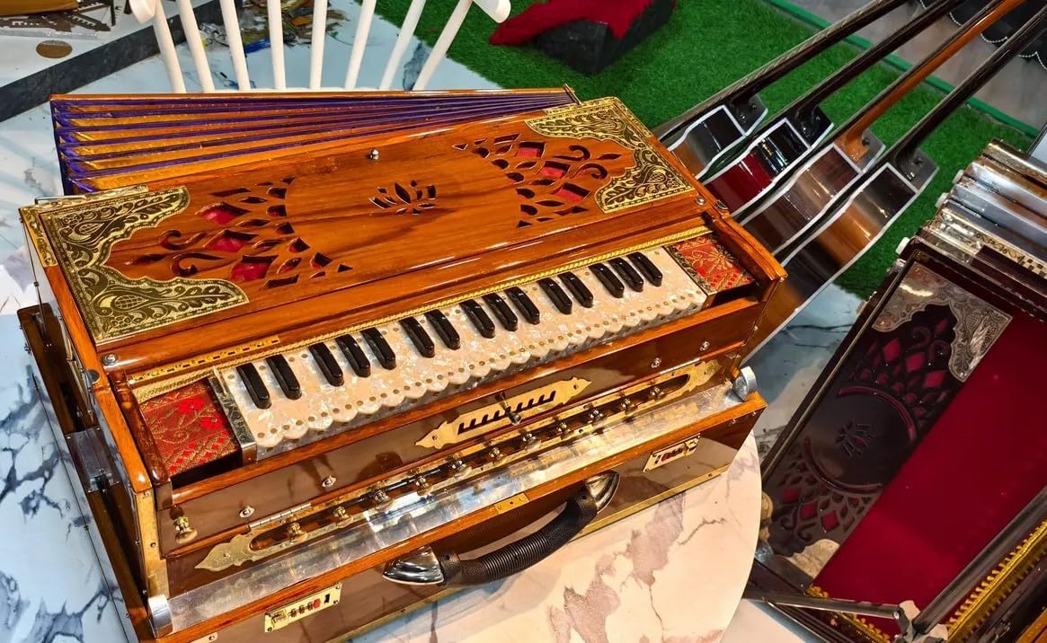 NamasteHimalayas Professional 3-Reed, 9-Scale Changer, 3.75 Octave Harmonium – Natural Wooden Finish with custom nameplate, Best for Yoga, Kirtan, Sound Healing Therapy, Meditation, Events, Concerts