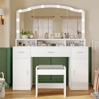 FIONESO Large Dressing Table with Mirror and Lighting Cosmetic Table with 3 Drawers 2 Cabinets and 10 LED Lamps Dressing Table with Stool for Women Bedroom Bathroom White