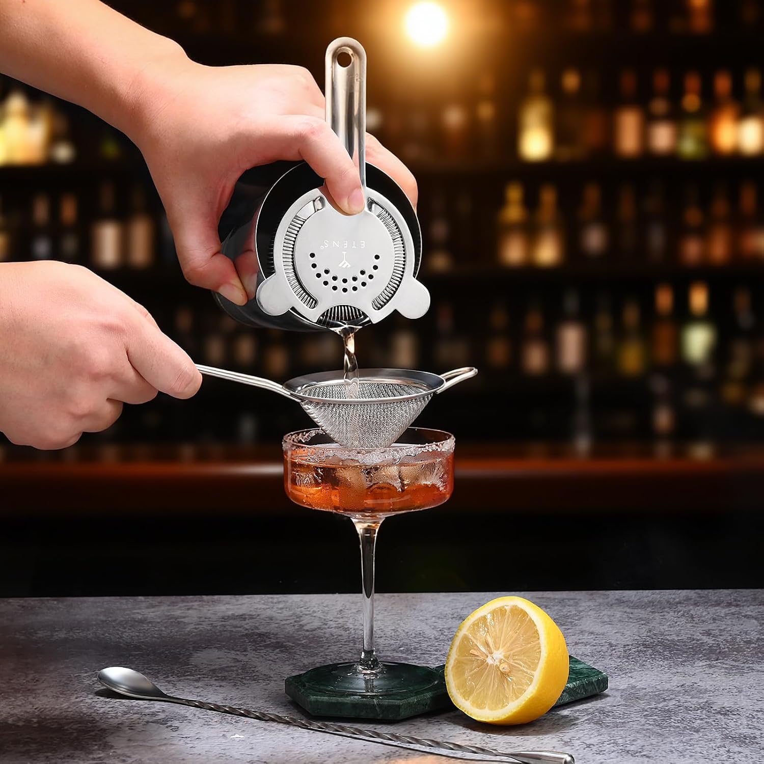 Etens Cocktail Strainer Set – Bar tools Stainless Steel Includes Hawthorne Strainer, Julep & Fine Mesh Cocktail Strainers, Mixing Spoon – Drink Shaker Strainer for Bartending