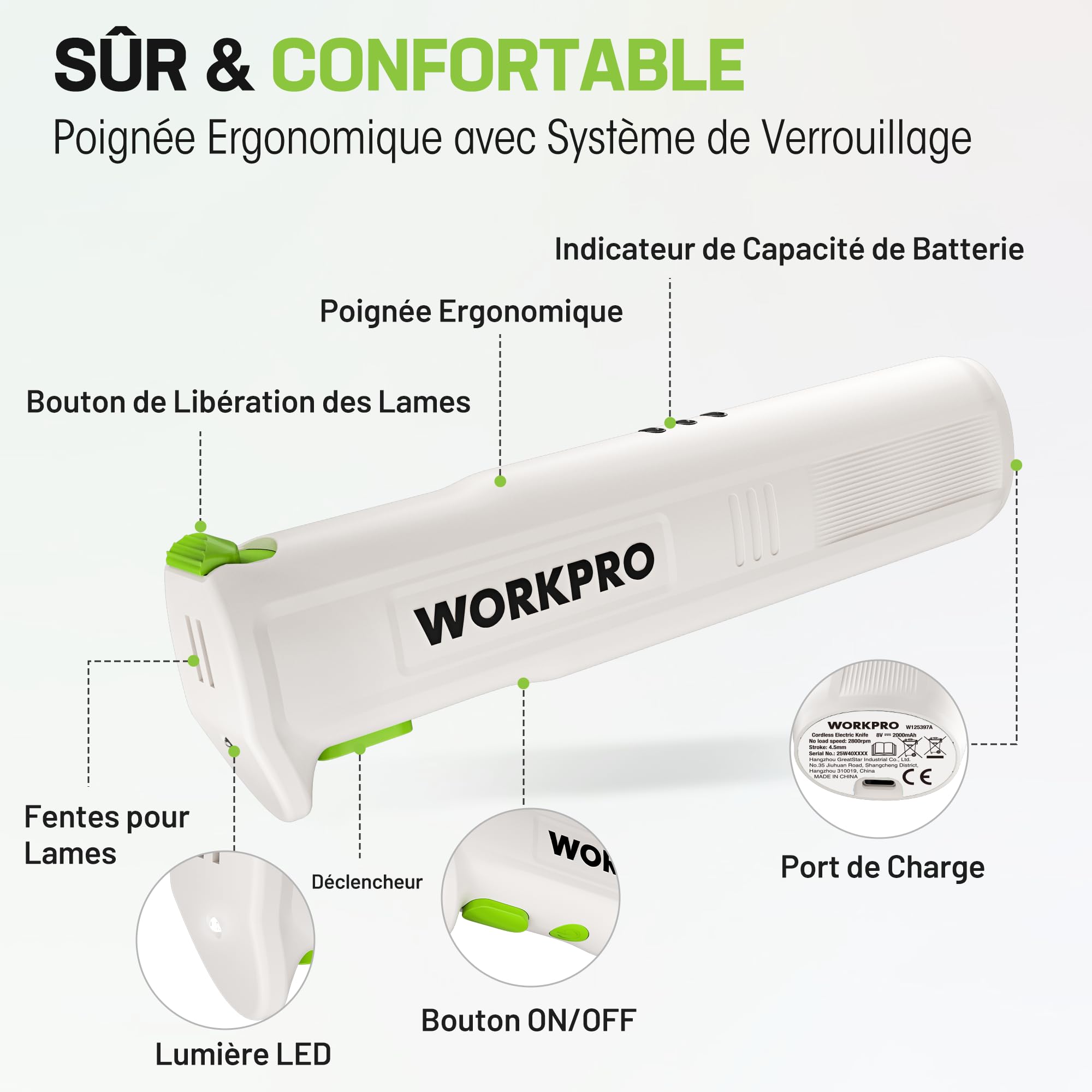 WORKPRO Couteau Électrique Sans Fil 8V, Couteau à Pain Électrique, 2 Lames en Acier Inoxydable, Fourchette, Lavable au Lave-Vaisselle, Idéal pour Couper Viande, Pain, et Plus, Étui Inclus, Blanche