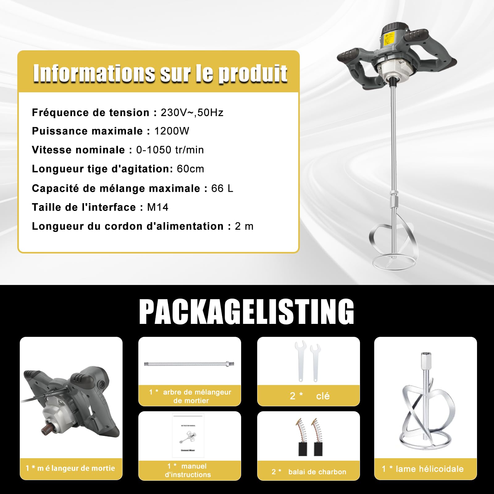 Malaxeur Mortier Colle 1200W, Malaxeur Beton 220V, Professionnel Melangeur Beton Avec 6 Vitesses (500-1050 tr/min), Betonniere Électrique Pour Mélanger Aliments/Plâtre/Peinture/Ciment/Mortier