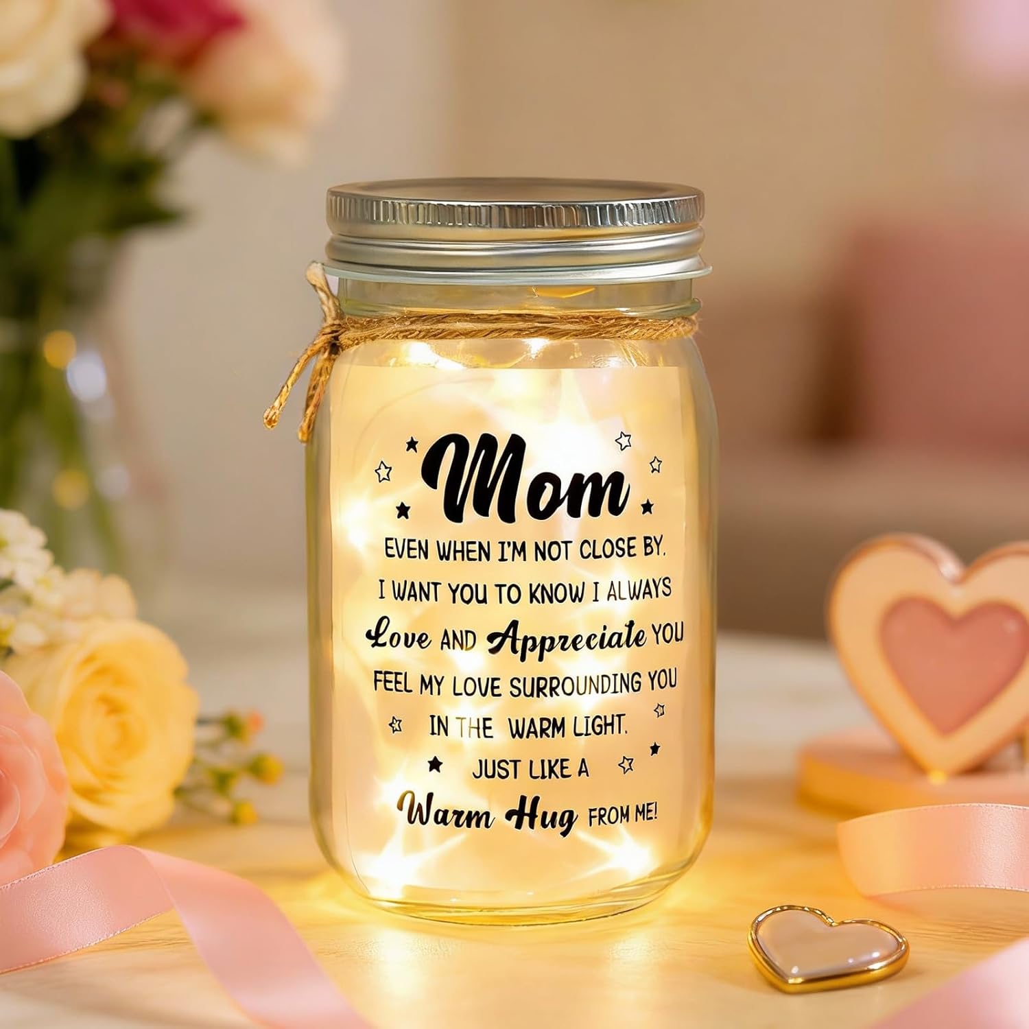 Sentimental Gifts for Mom, Mason Jar Night Light, Birthday Mothers Day Christmas Gifts for Mom from Daughter, Son, Kids(Warm Hug) - Image 2