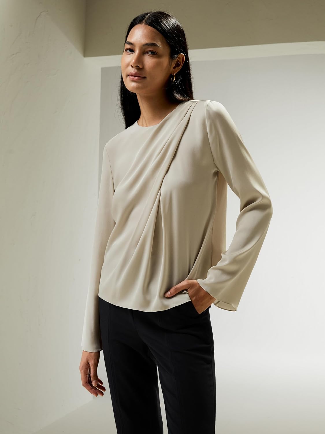 LilySilk Womens Pure Silk Blouse Ladies 22MM One-Shoulder Pleated Flounce Shirt with Bell Sleeves Luxury Elegant Top