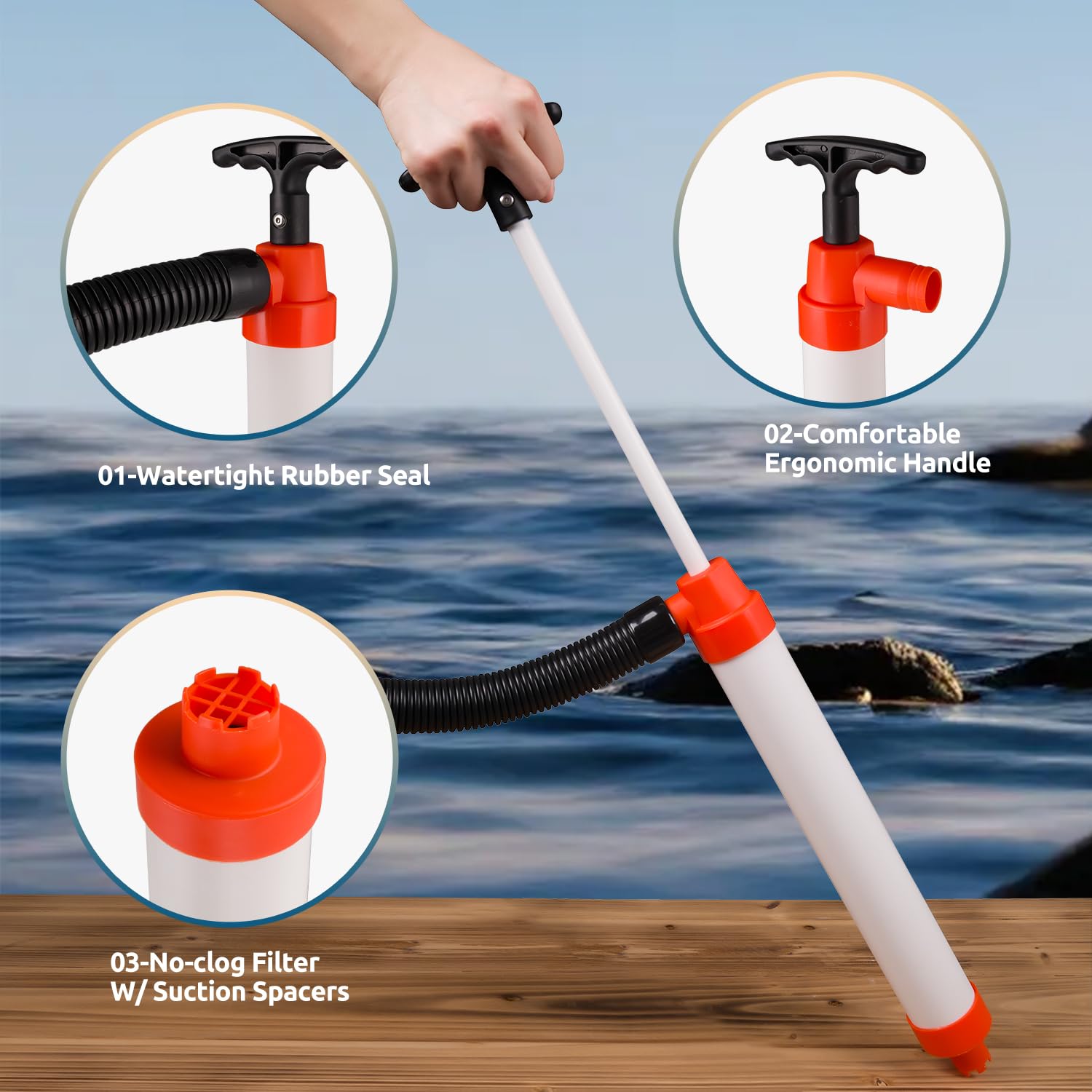 Manual Bilge Pump for Boats Kayak Canoe Hand Water Pump | Siphon Pump Bailer Kayaking Boat with Hose Portable Held 20 Gallons Per Minute Suction Marine Grade Regular (Long Version)