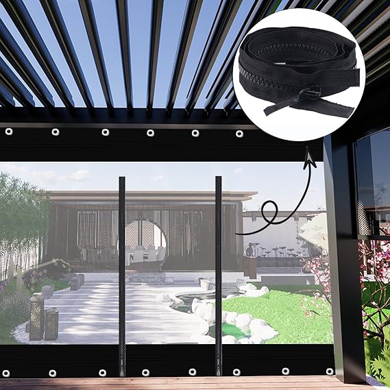 Transparent Vinyl Tarp with Zip,0.5mm PVC Heavy Duty Waterproof Tarpaulin Side Panels,with Rustproof Grommets,Outdoor Clear Tarp Curtain for Patio,Porch,Gazebos,LxW-2x2m(6.6x6.6ft)