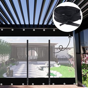 Transparent Vinyl Tarp with Zip,0.5mm PVC Heavy Duty Waterproof Tarpaulin Side Panels,with Rustproof Grommets,Outdoor Clear Tarp Curtain for Patio,Porch,Gazebos,LxW-2x2m(6.6x6.6ft)