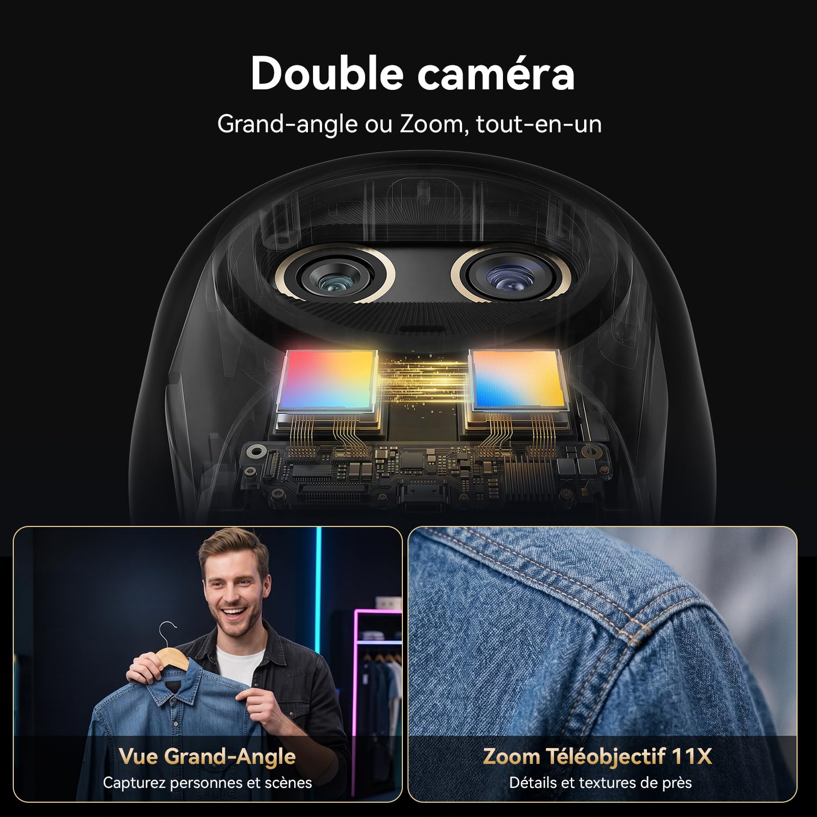 eMeet Piko Webcam 4K Streaming Double Objectif (Grand Angle & Téléobjectif), Zoom Hybride 11X, Autofocus 0,2s, Télécommande, 3 Micros, Cache Confidentialité Panda, USB-C Travail