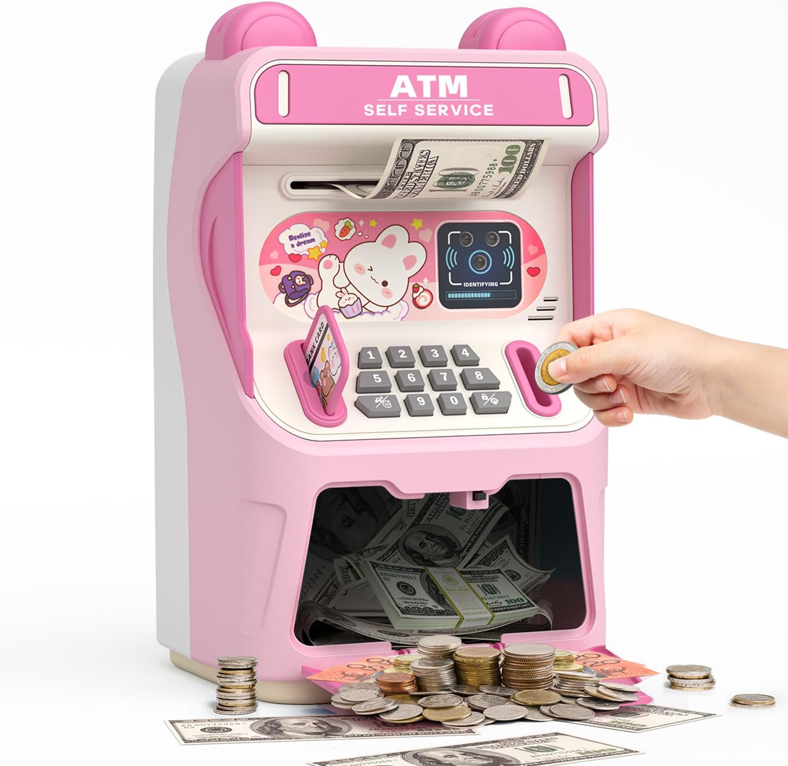 Rabbit ATM Piggy Bank for Girls with Automatic Bill Roller, Electronic Coin Bank with Simulated Card Slot & Facial Recognition, ATM Money Saving Box with Music Function for Kids(Pink)