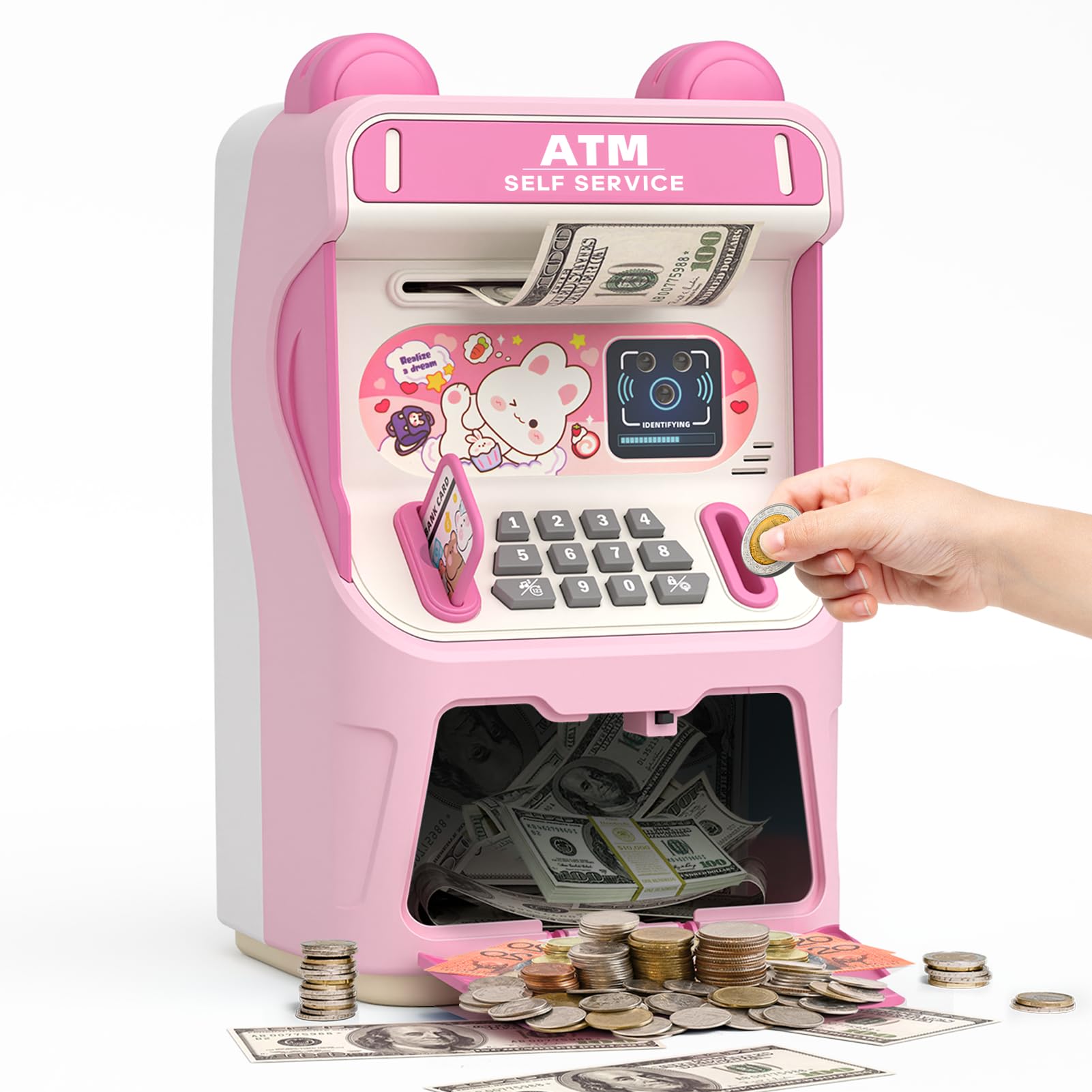 Rabbit ATM Piggy Bank for Girls with Automatic Bill Roller, Electronic Coin Bank with Simulated Card Slot & Facial Recognition, ATM Money Saving Box with Music Function for Kids(Pink)