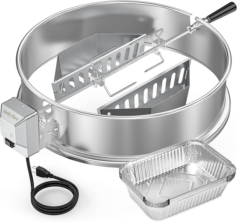 onlyfire Upgrade Stainless Steel Rotisserie Ring Kit Weber 22" Kettle Grill | With 2 Charcoal Baskets and 10 Pack Drip Pans