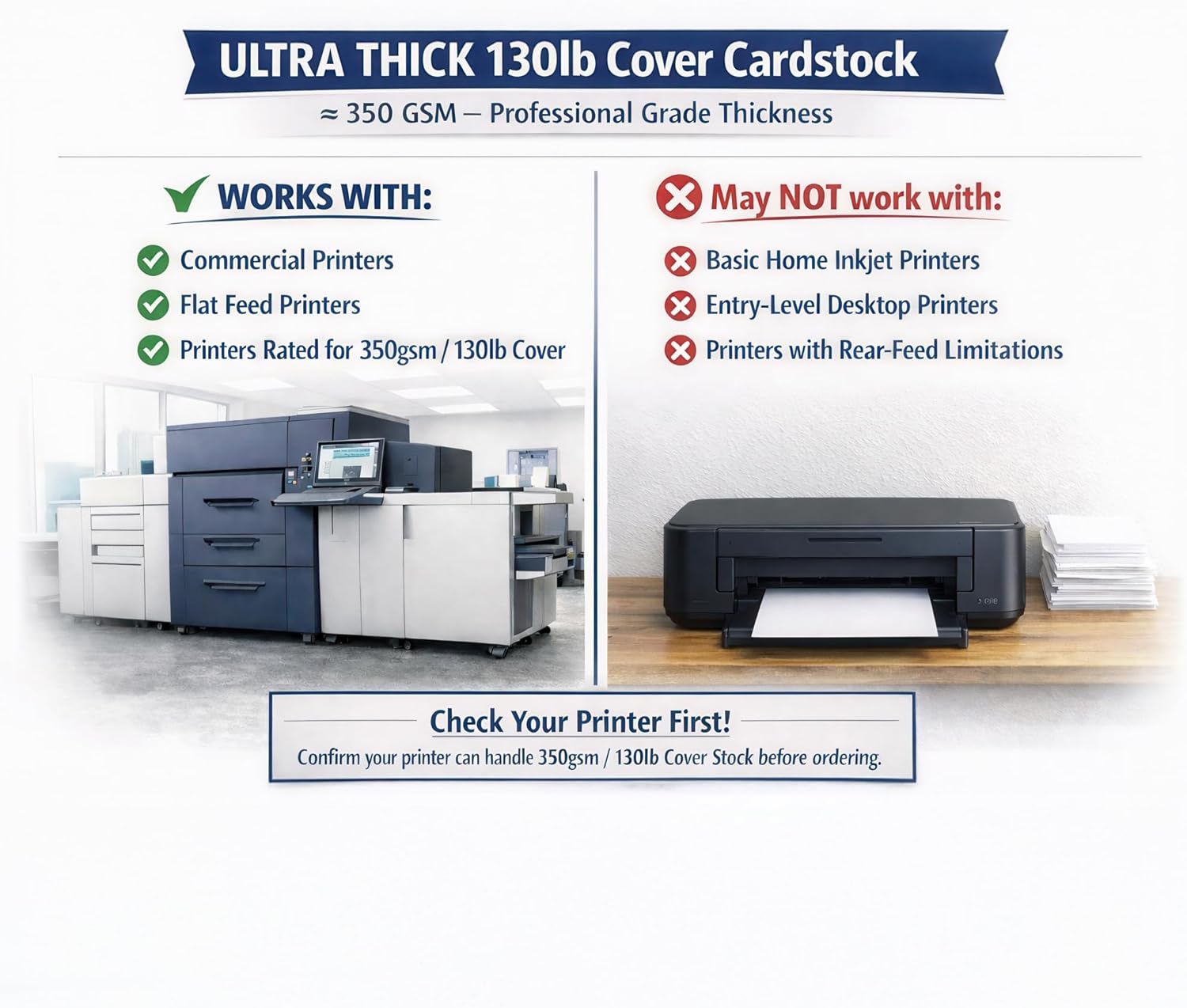 Extra Heavy Duty 130lb Cover Cardstock - Bright White - 350gsm 17pt Thick Paper for Inkjet & Laser Printers - 8-1/2" x 11" - 100 Pack