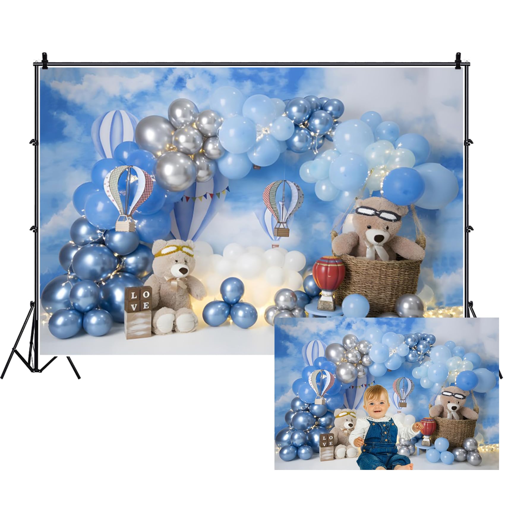 Renaiss Fabric Dusty Blue Balloons Backdrop 7x5 ft Cute Bear Doll Blue Sky Hot Air Balloons Background for Photography Boys 1st Birthday Baby Shower