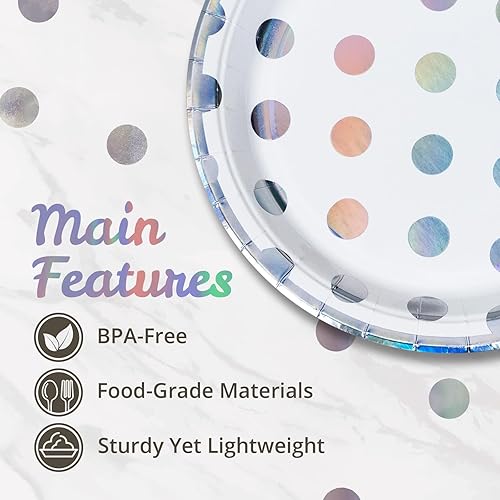 Miniatura 5 de Platos de papel de fiesta paquete de 50 platos desechables borde de lámina plateada y lunares 9 pulgadas