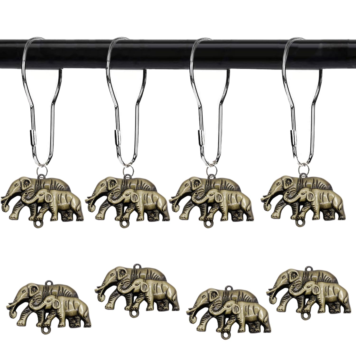 YRMLYMOP Elephant Shower Curtain, 12 Pcs Elephant Shower Curtain Hooks Chic Decorative Shower Curtain Hangers, Cute Nature Animal Vintage Theme Bathroom Decor Elephant Decor Hooks