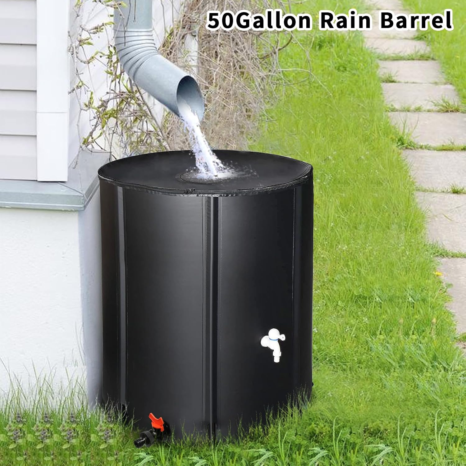 50 Gallon Collapsible Rain Barrel, Portable Rainwater Collection System, Rain Catcher Barrel, Water Storage Tank with Two Spigots and Overflow Kit, Rain Water Barrel Collector for Garden, Black