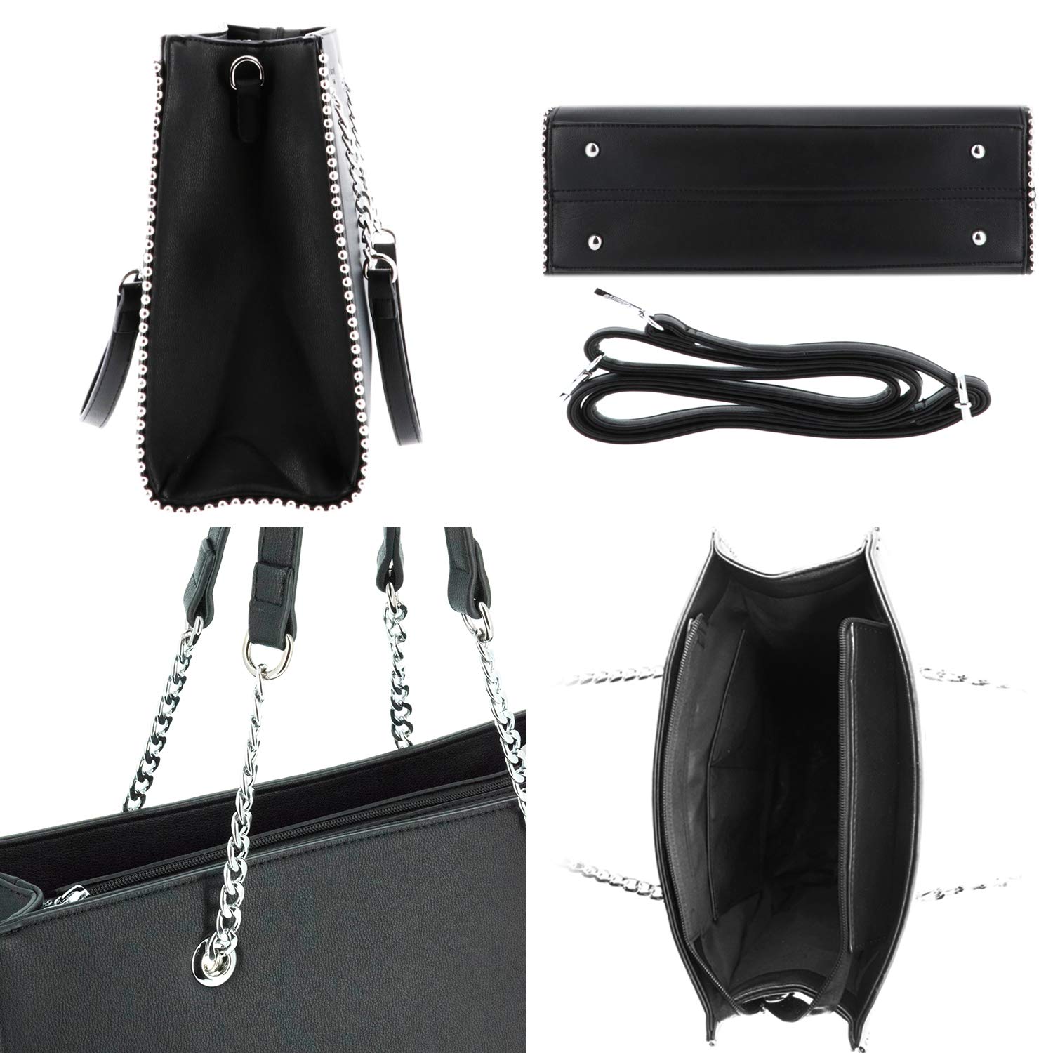 Double Tree Sac à Main Femmes Chaîne Perle Bille Clou - Cours Grand Format A4 Lycée - Cabas Shopping Fourre-Tout Taille XL - Porté Epaule Ville Similicuir PU - Chic Tendance