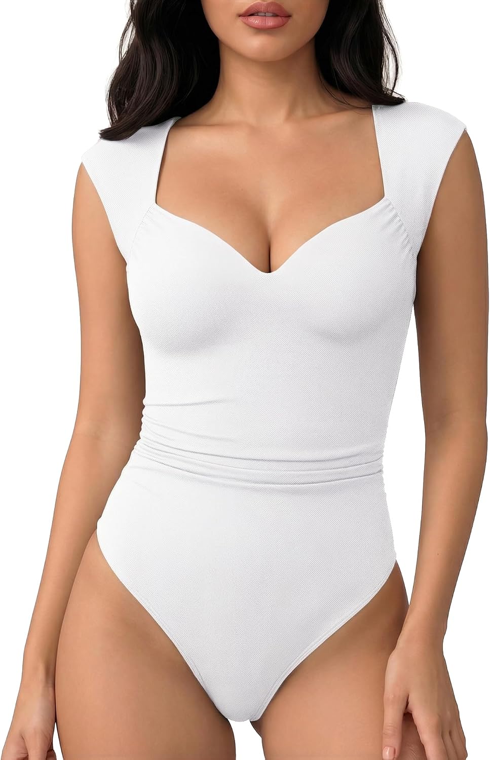 MANGOPOP Women's Sweetheart Neck Sleeveless Thong Bodysuit Sexy Mesh Ruched Double Lined Tank Top Body Suits Going Out Tops
