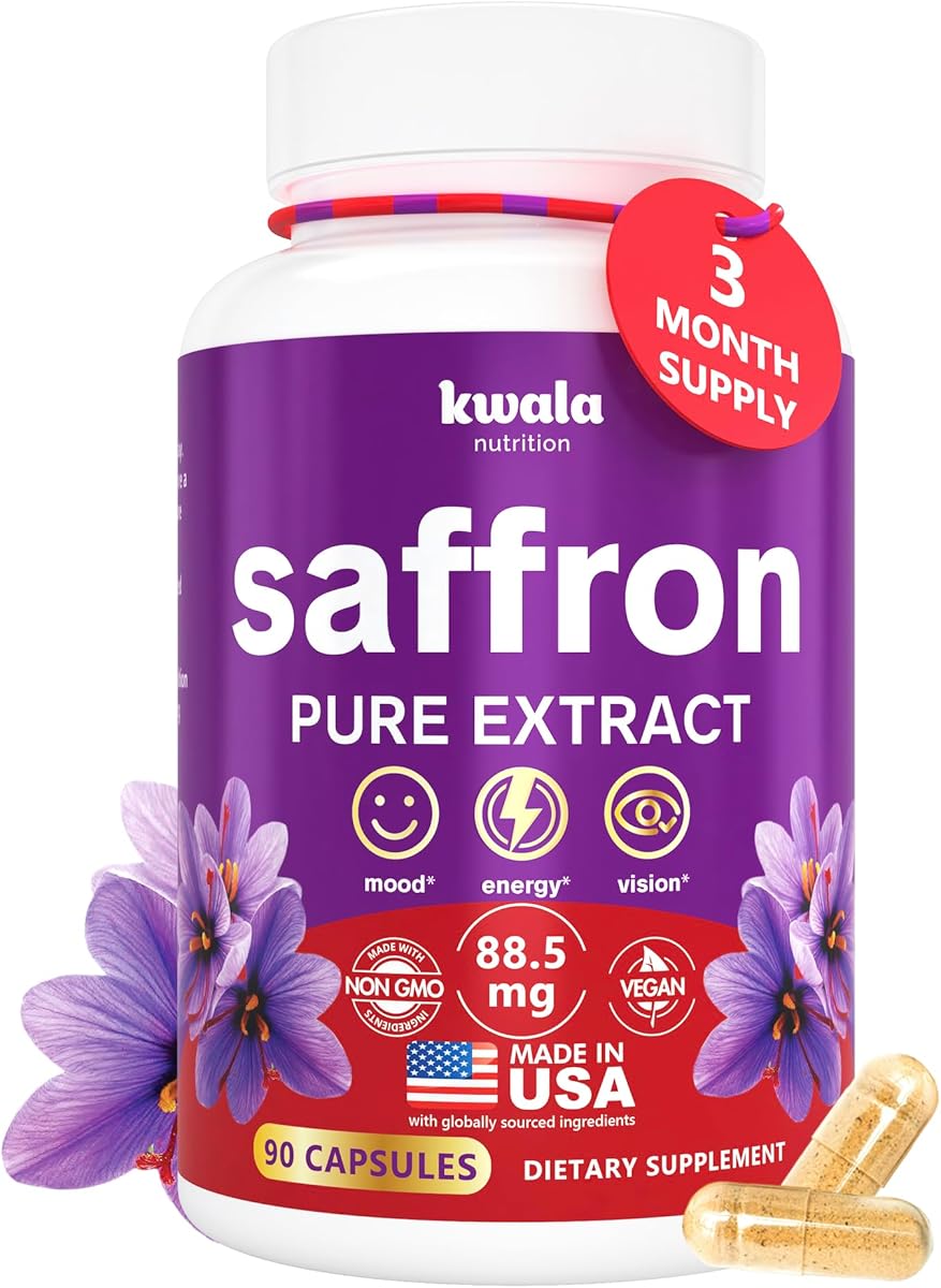 Saffron Supplements for Mood & Energy - 88.5mg Pure Saffron Extract - Made in USA - Vegan, Non-GMO - 90 Capsules (3 Month Supply)